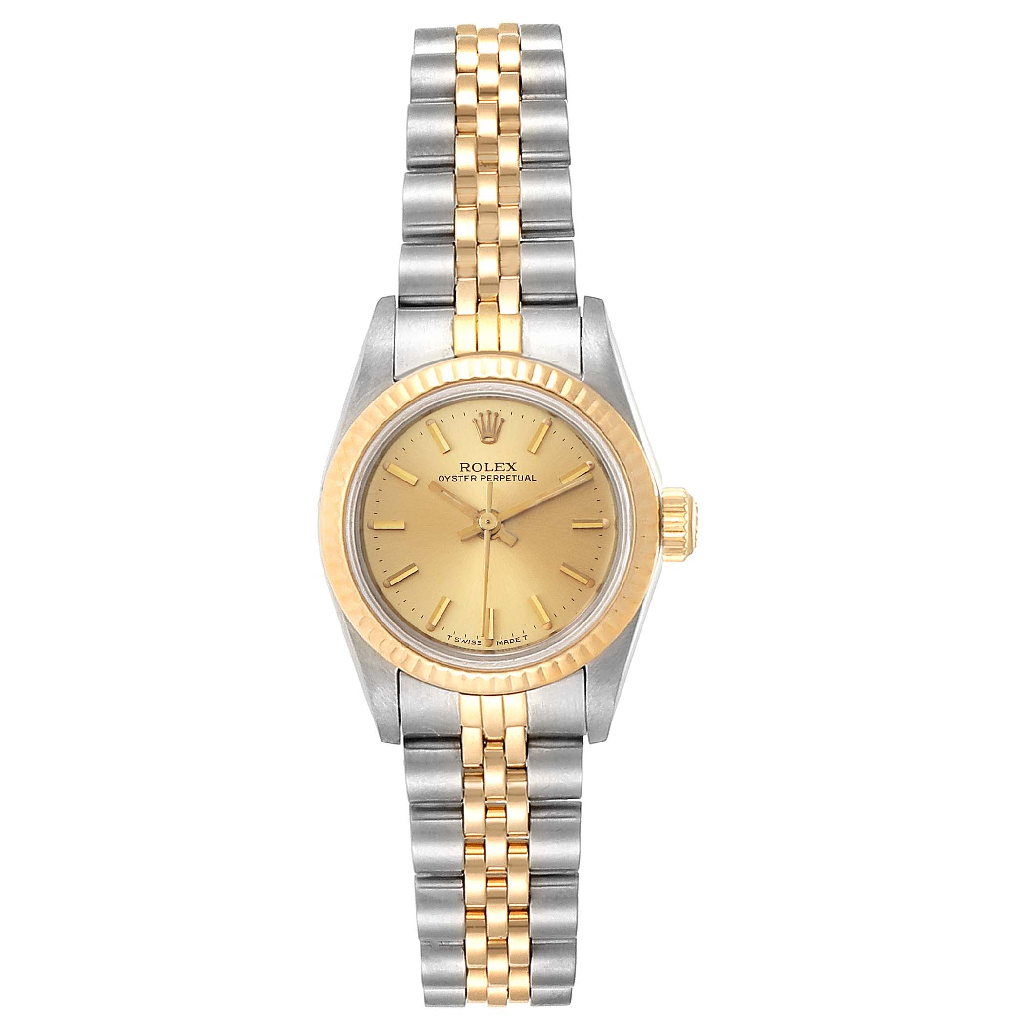 The image shows a front view of the Rolex 67193 Women
s Steel and Gold (two tone) Champagne Dial 67193 Women
s Steel and Gold (two tone) Champagne Dial Oyster Perpetual Steel Yellow Gold Ladies Watch 67193 Box model.