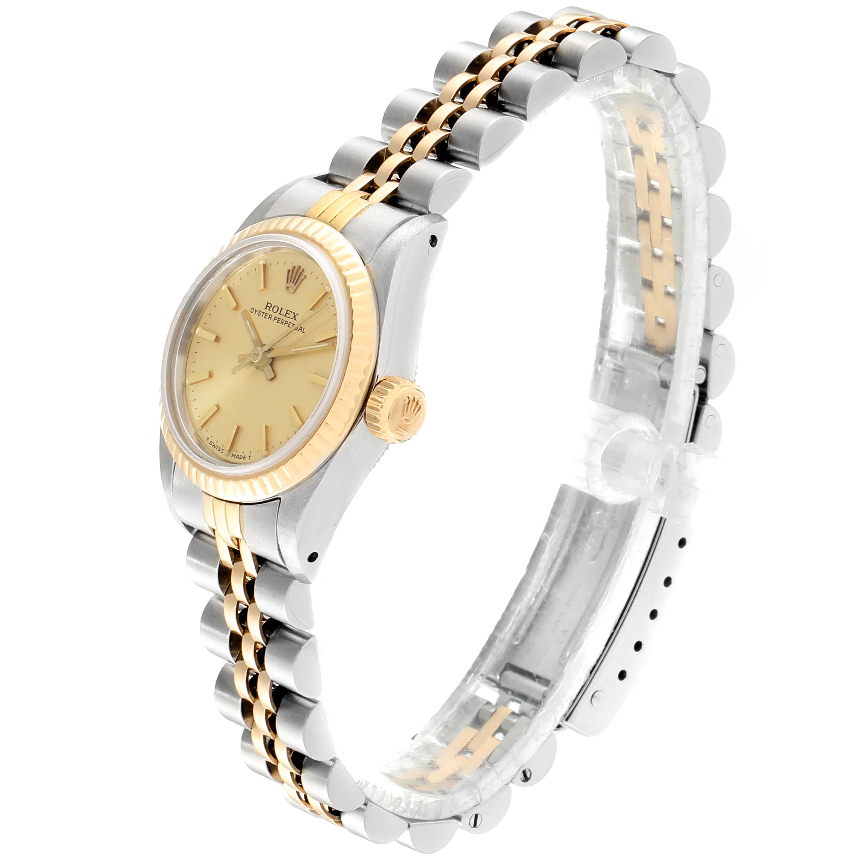 The Rolex 67193 Women
s Steel and Gold (two tone) Champagne Dial 67193 Women
s Steel and Gold (two tone) Champagne Dial Oyster Perpetual Steel Yellow Gold Ladies Watch 67193 is shown at a diagonal angle displaying the dial, bezel, crown, and bracelet.