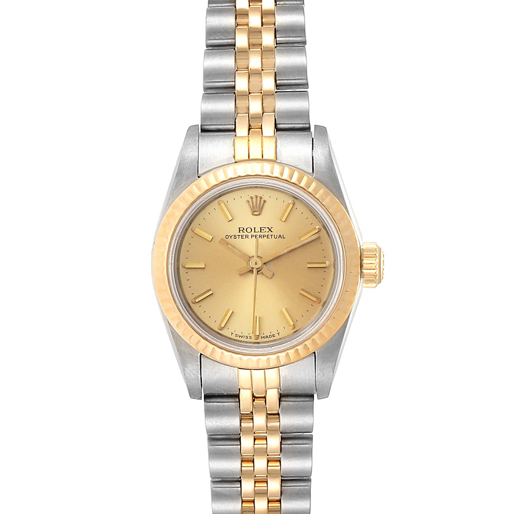 This image shows a frontal view of the Rolex 67193 Women
s Steel and Gold (two tone) Champagne Dial 67193 Women
s Steel and Gold (two tone) Champagne Dial Oyster Perpetual Steel Yellow Gold Ladies Watch 67193 Box model.