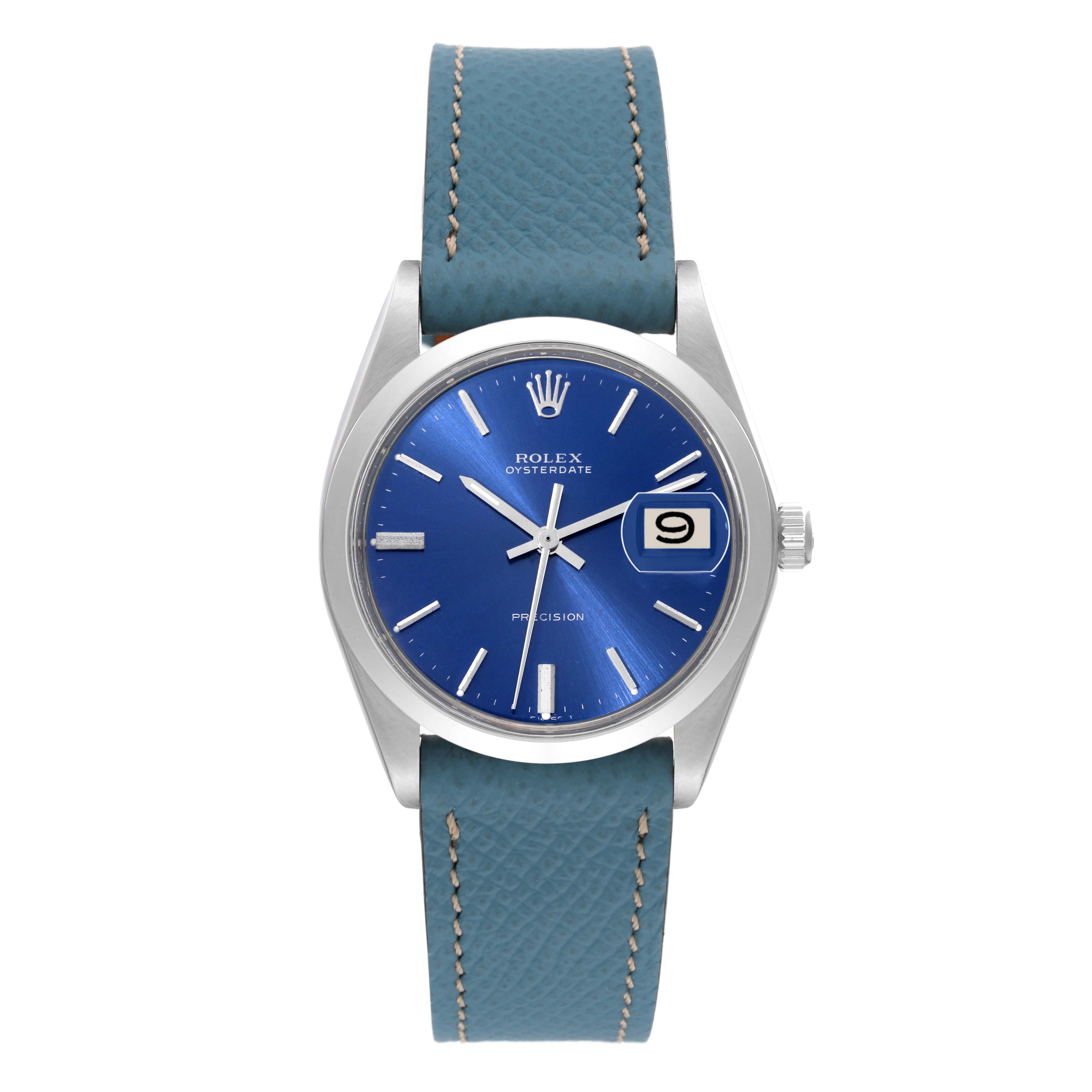 This image shows a front view of a Vintage Collection Rolex Oysterdate watch with a blue dial and leather strap.
