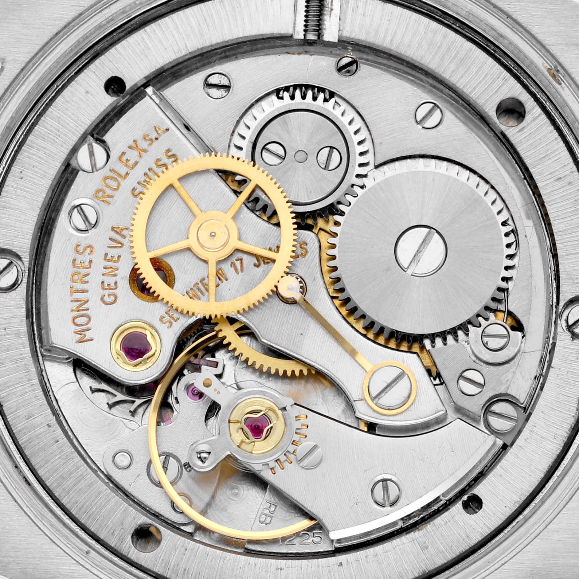 This image shows the internal mechanical movements and gears of a Rolex Vintage Collection 6694 Men's Stainless Steel Blue Dial 6694 Men's Stainless Steel Blue Dial watch.