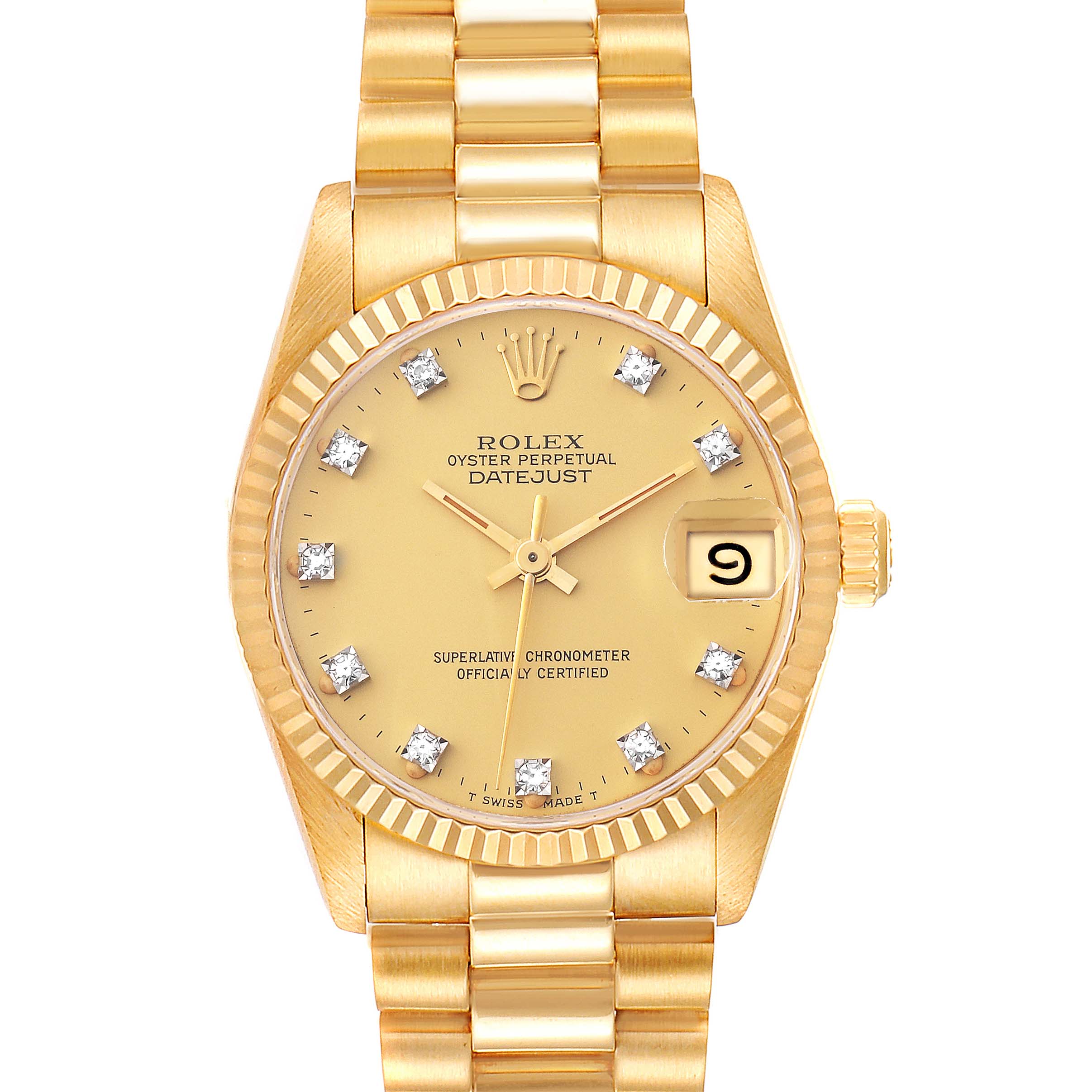 The Rolex President 68278 Women
s Yellow Gold Champagne Dial 68278 Women
s Yellow Gold Champagne Dial Datejust model is shown from a frontal angle, highlighting its face, bracelet, and dial details.