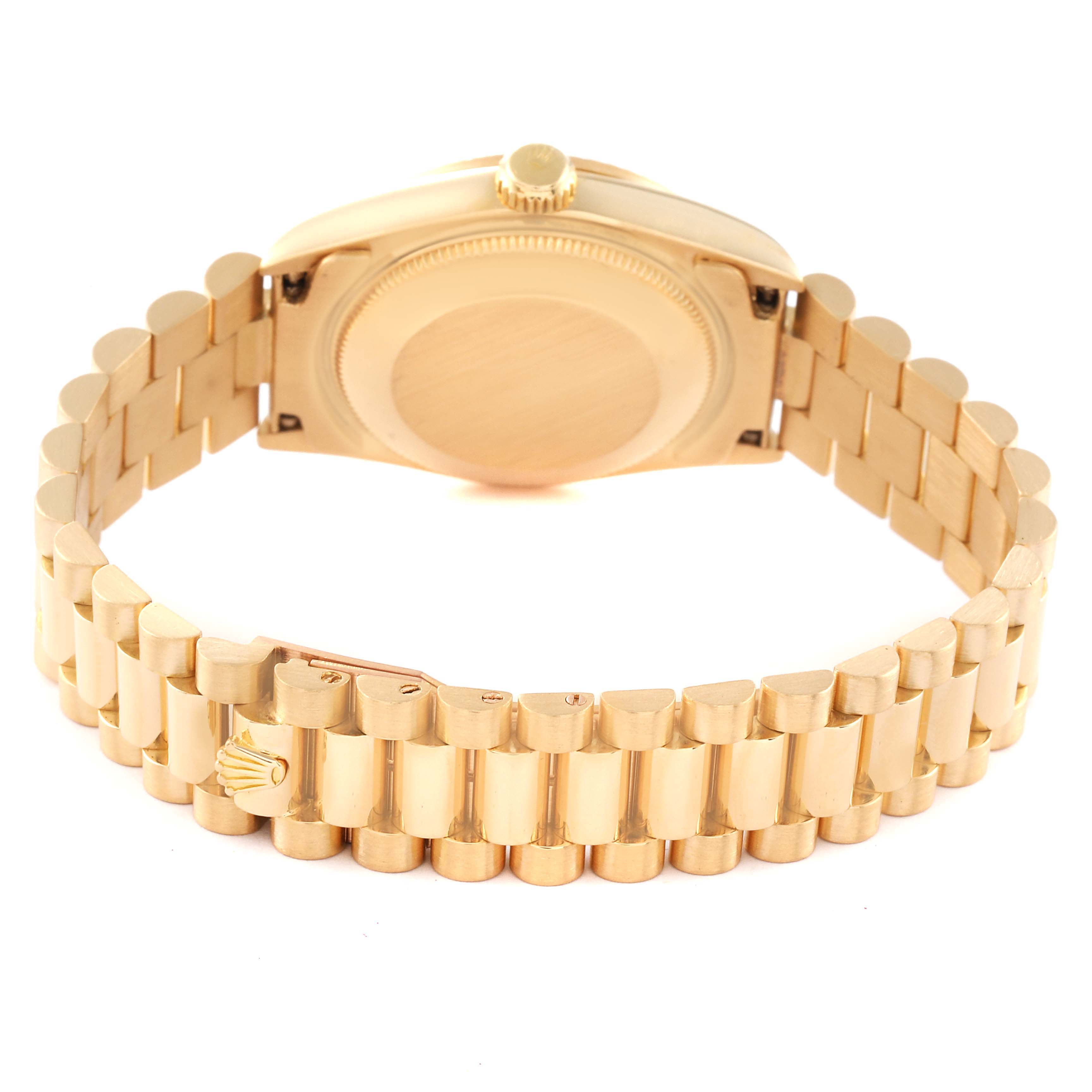 The image shows the backside and bracelet of a Rolex President 68278 Women
s Yellow Gold Champagne Dial 68278 Women
s Yellow Gold Champagne Dial model watch, highlighting the clasp and case back.