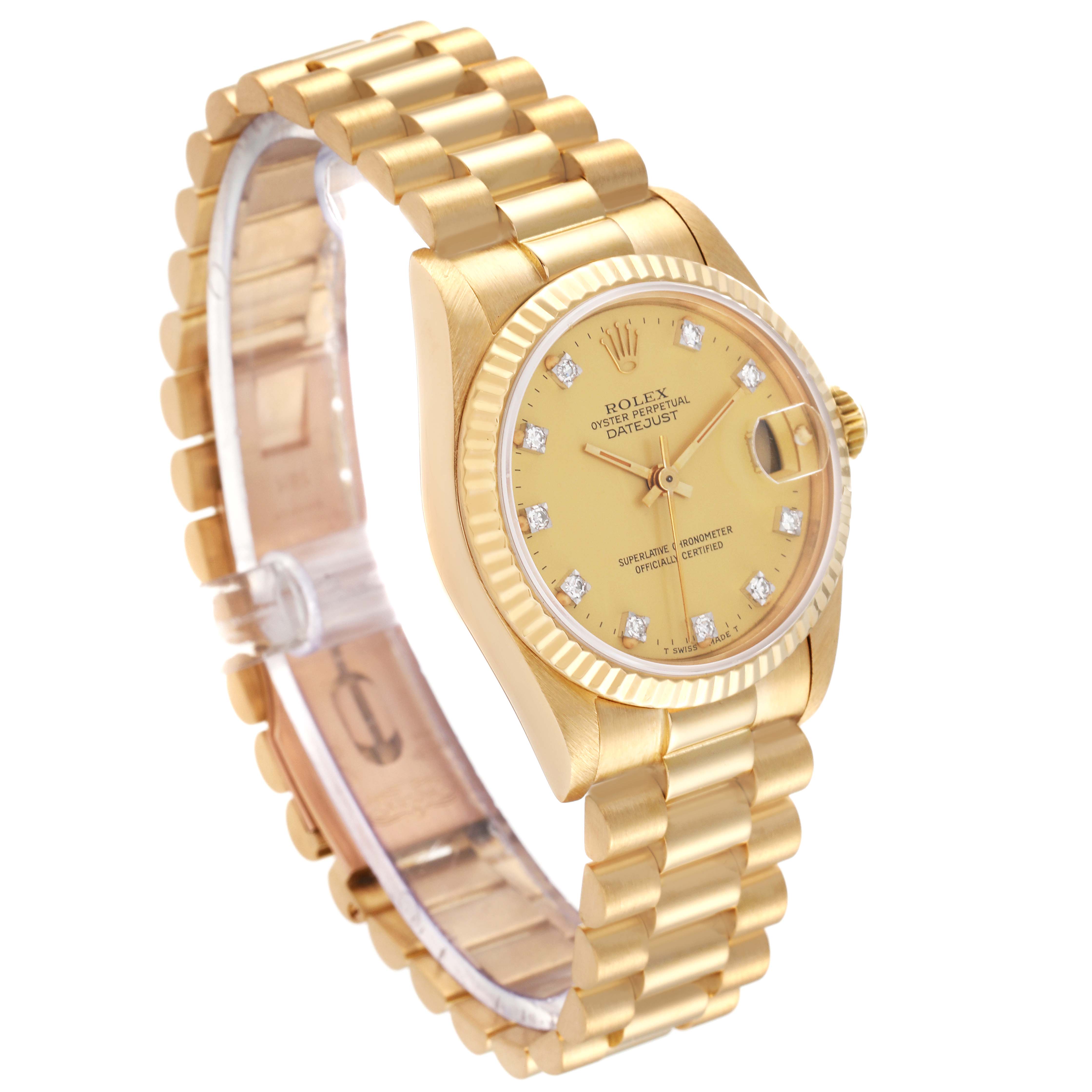 The image shows a side angle of a Rolex President 68278 Women
s Yellow Gold Champagne Dial 68278 Women
s Yellow Gold Champagne Dial model, displaying its gold bracelet, crown, and diamond-studded dial.