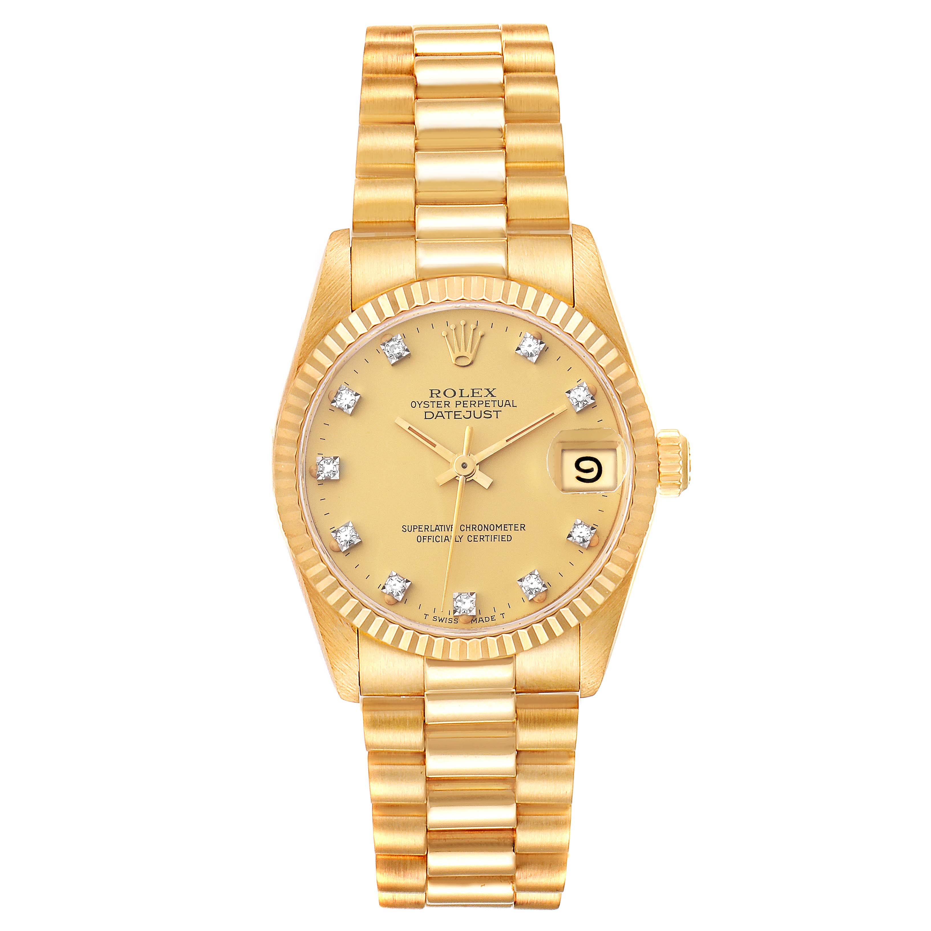 This is a front view of the Rolex President 68278 Women
s Yellow Gold Champagne Dial 68278 Women
s Yellow Gold Champagne Dial model, showing the watch face, bracelet, and date window.