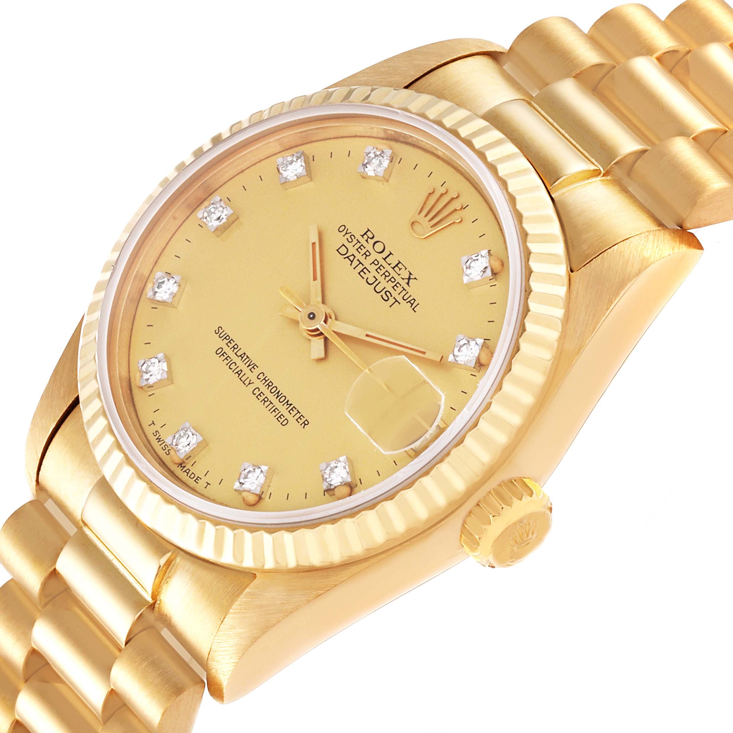 The image shows a close-up angle of a Rolex President 68278 Women
s Yellow Gold Champagne Dial 68278 Women
s Yellow Gold Champagne Dial model watch, highlighting the dial, bezel, crown, and bracelet.