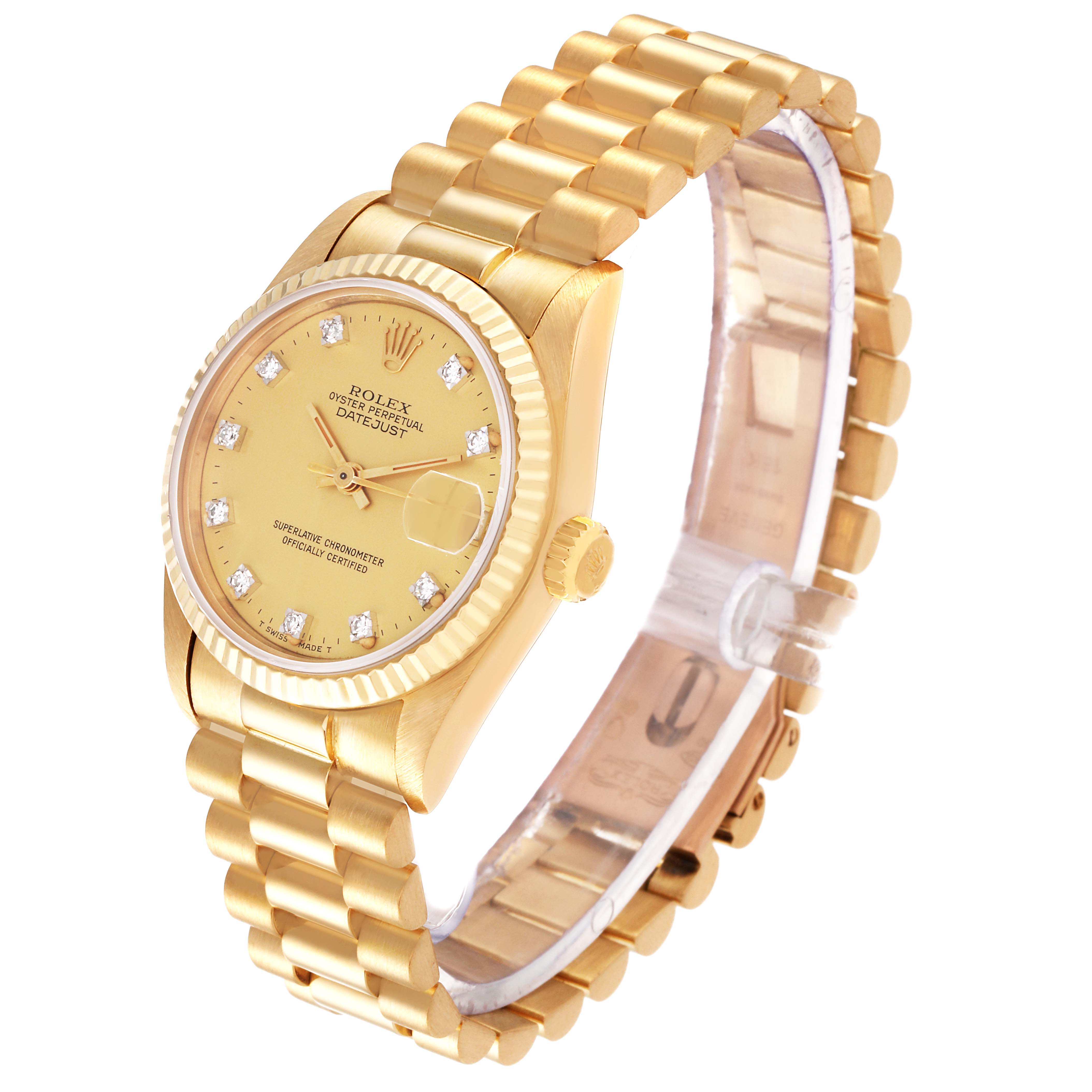The image shows a side angle view of the Rolex President 68278 Women
s Yellow Gold Champagne Dial 68278 Women
s Yellow Gold Champagne Dial watch, highlighting its face, bezel, bracelet, and crown.