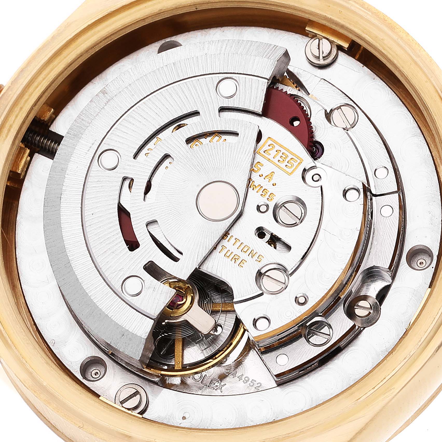 This close-up image shows the internal movement mechanism of a Rolex President 68278 Women
s Yellow Gold Champagne Dial 68278 Women
s Yellow Gold Champagne Dial model watch.