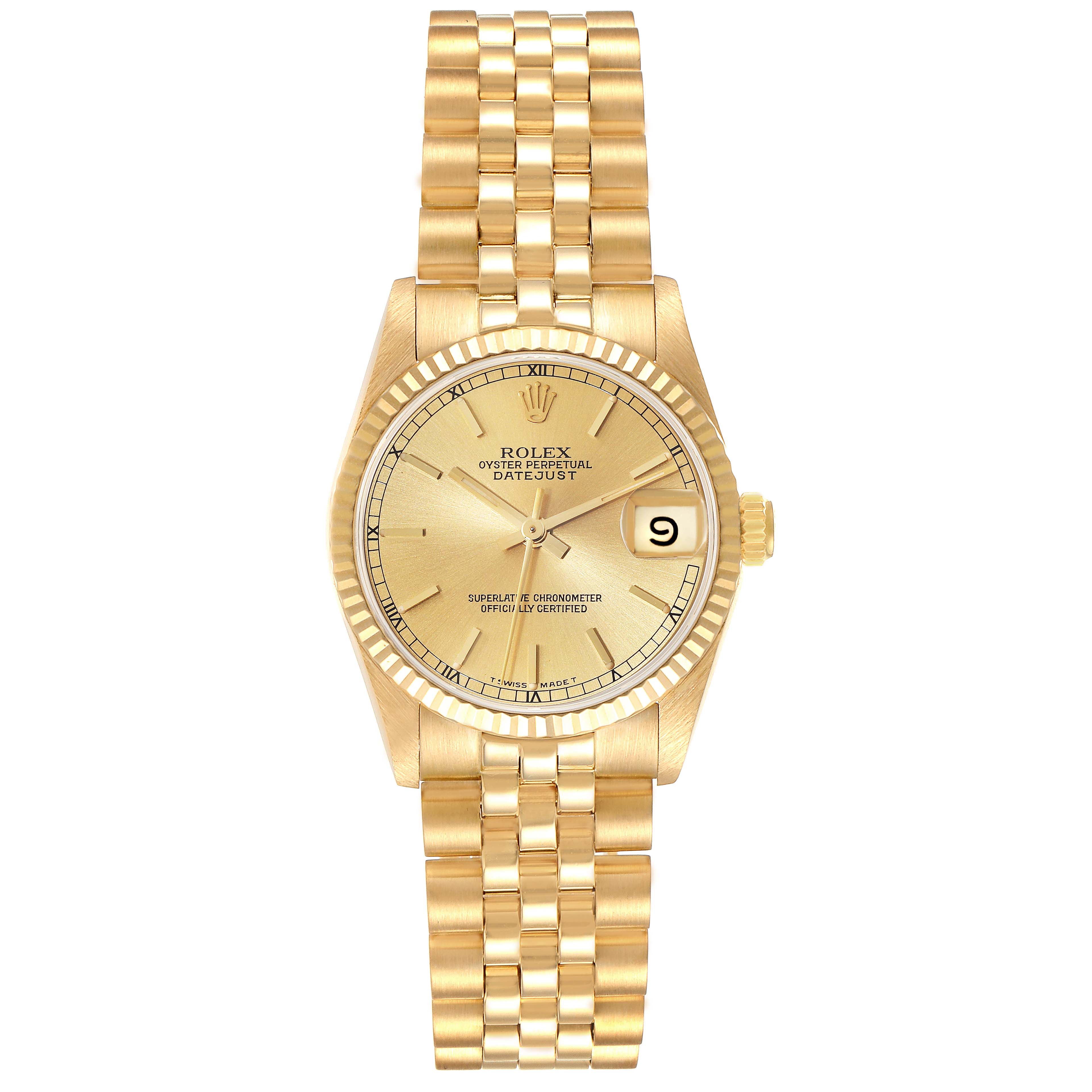 The Rolex President 68278 Women's Yellow Gold Champagne Dial 68278 Women's Yellow Gold Champagne Dial model watch is shown from the front, displaying the face, bracelet, and date window.