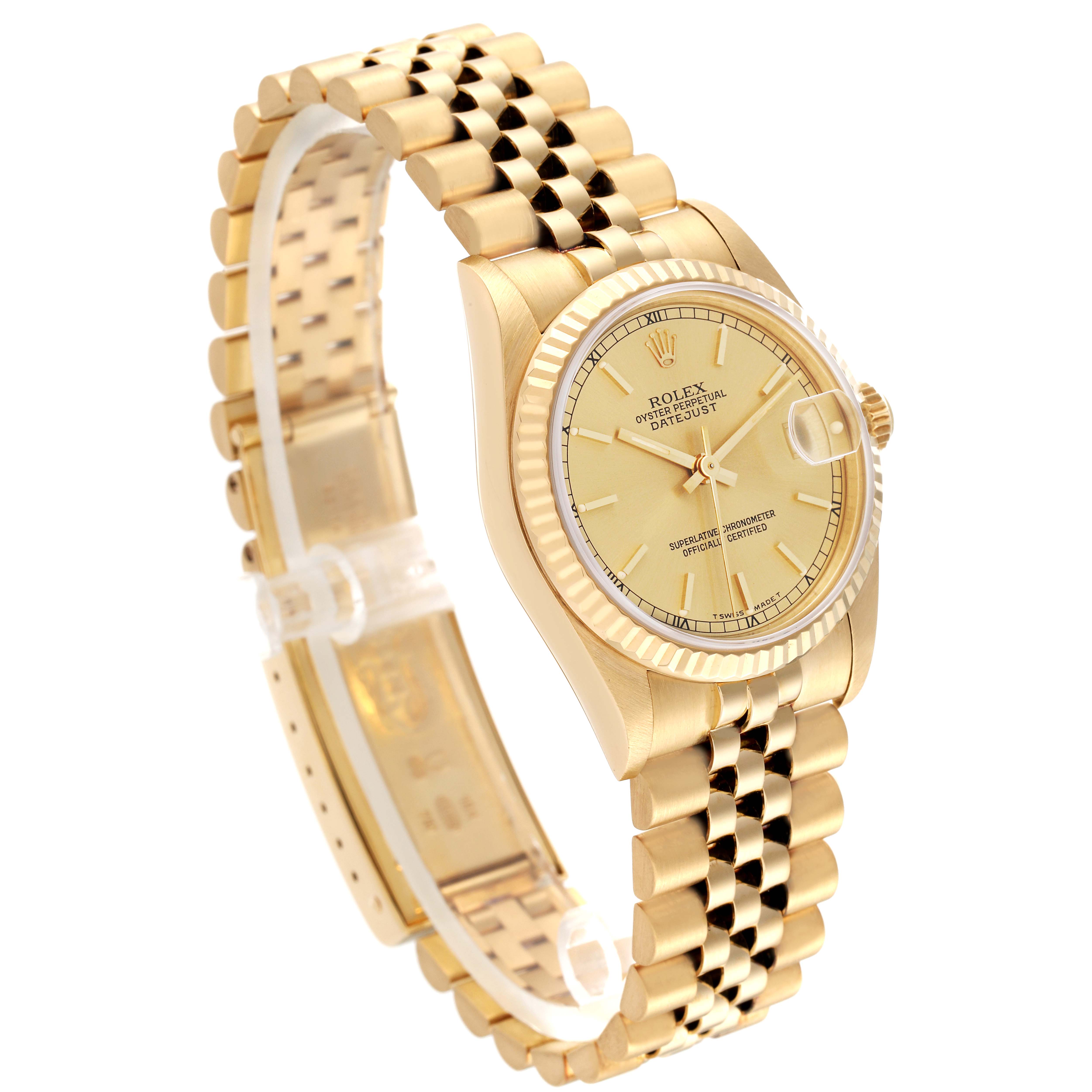This image shows a Rolex President 68278 Women's Yellow Gold Champagne Dial 68278 Women's Yellow Gold Champagne Dial model watch at a 3/4 angle, highlighting the dial, bracelet, and fluted bezel.