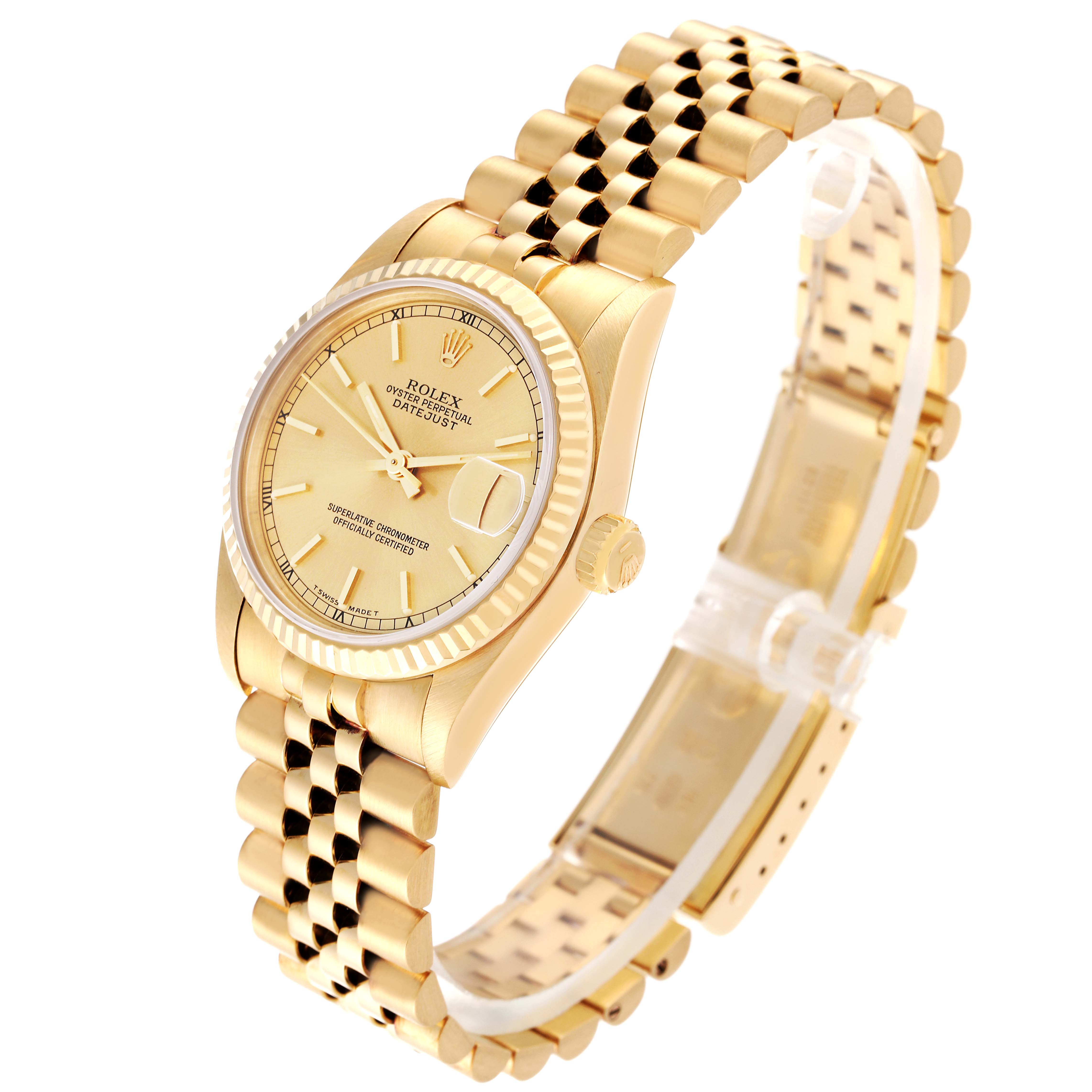 The Rolex President 68278 Women's Yellow Gold Champagne Dial 68278 Women's Yellow Gold Champagne Dial model watch is shown at a slight angle, highlighting the gold bracelet, case, crown, and dial with date display.