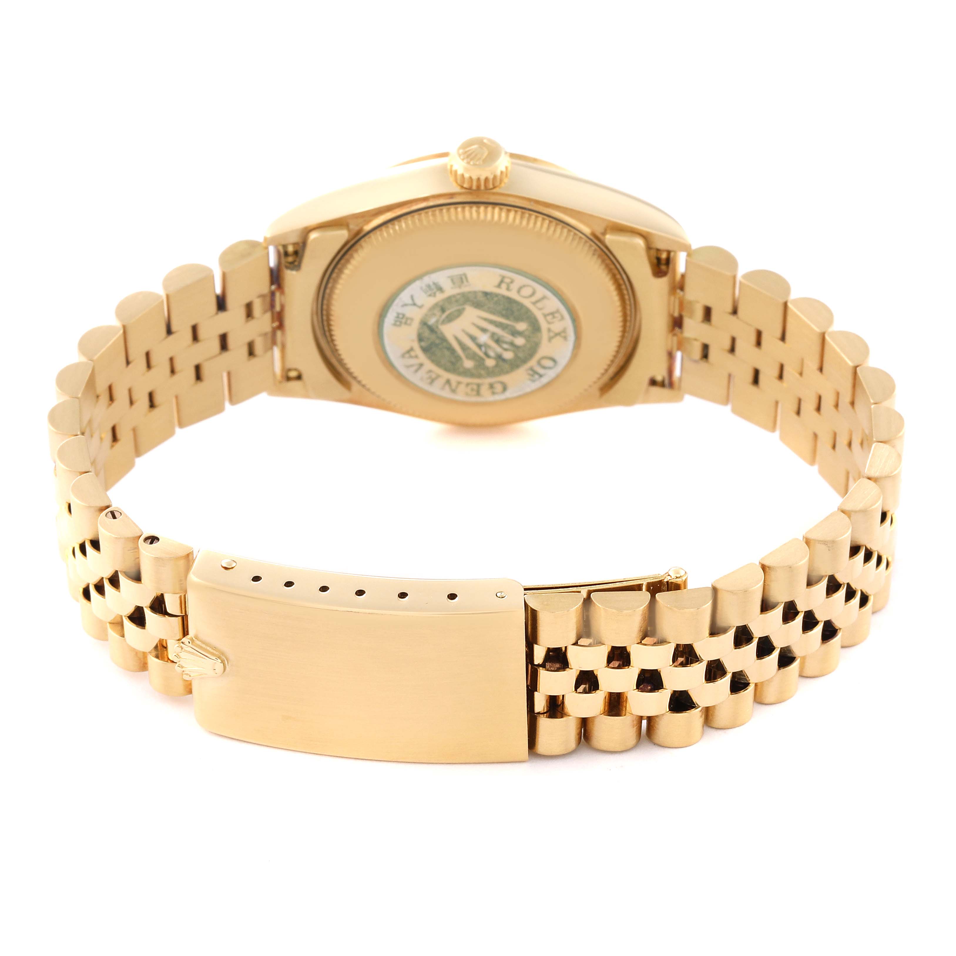 The image shows the back view of a Rolex President 68278 Women's Yellow Gold Champagne Dial 68278 Women's Yellow Gold Champagne Dial watch, highlighting its bracelet and case back.