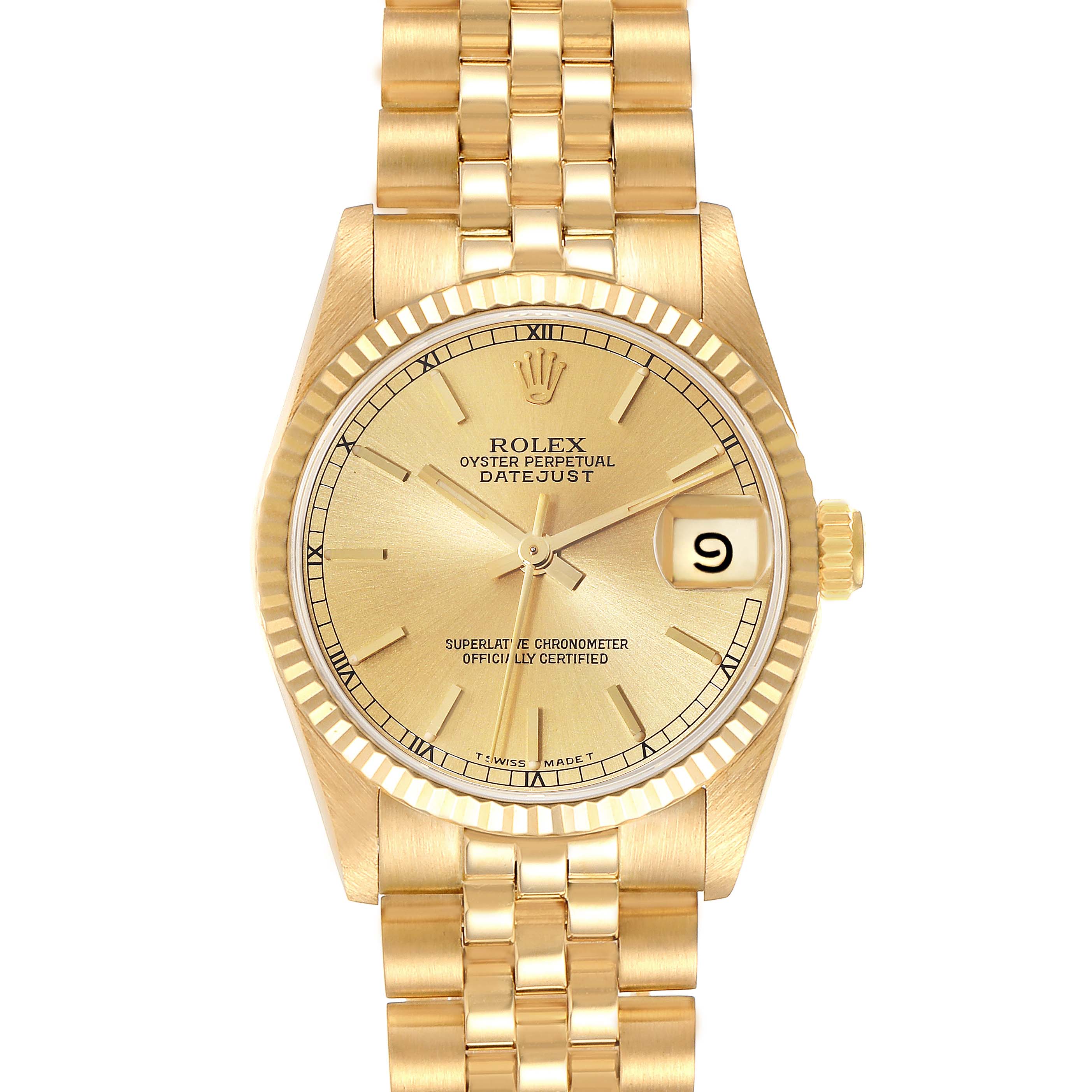 The Rolex President 68278 Women's Yellow Gold Champagne Dial 68278 Women's Yellow Gold Champagne Dial Datejust is shown from the front, displaying the face, bezel, crown, and bracelet.