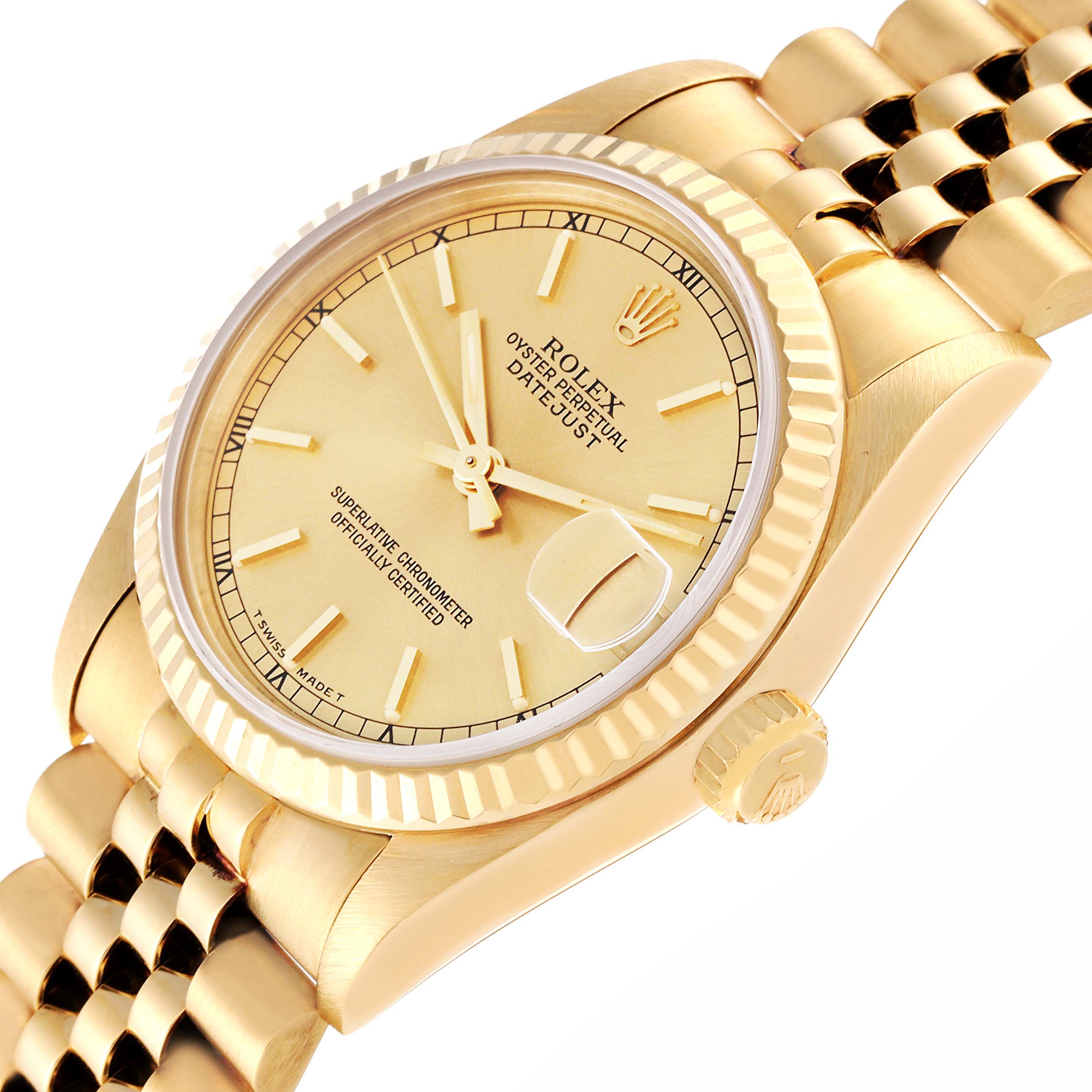 This image shows a close-up of the dial, bezel, crown, and bracelet of a Rolex President 68278 Women's Yellow Gold Champagne Dial 68278 Women's Yellow Gold Champagne Dial model watch.