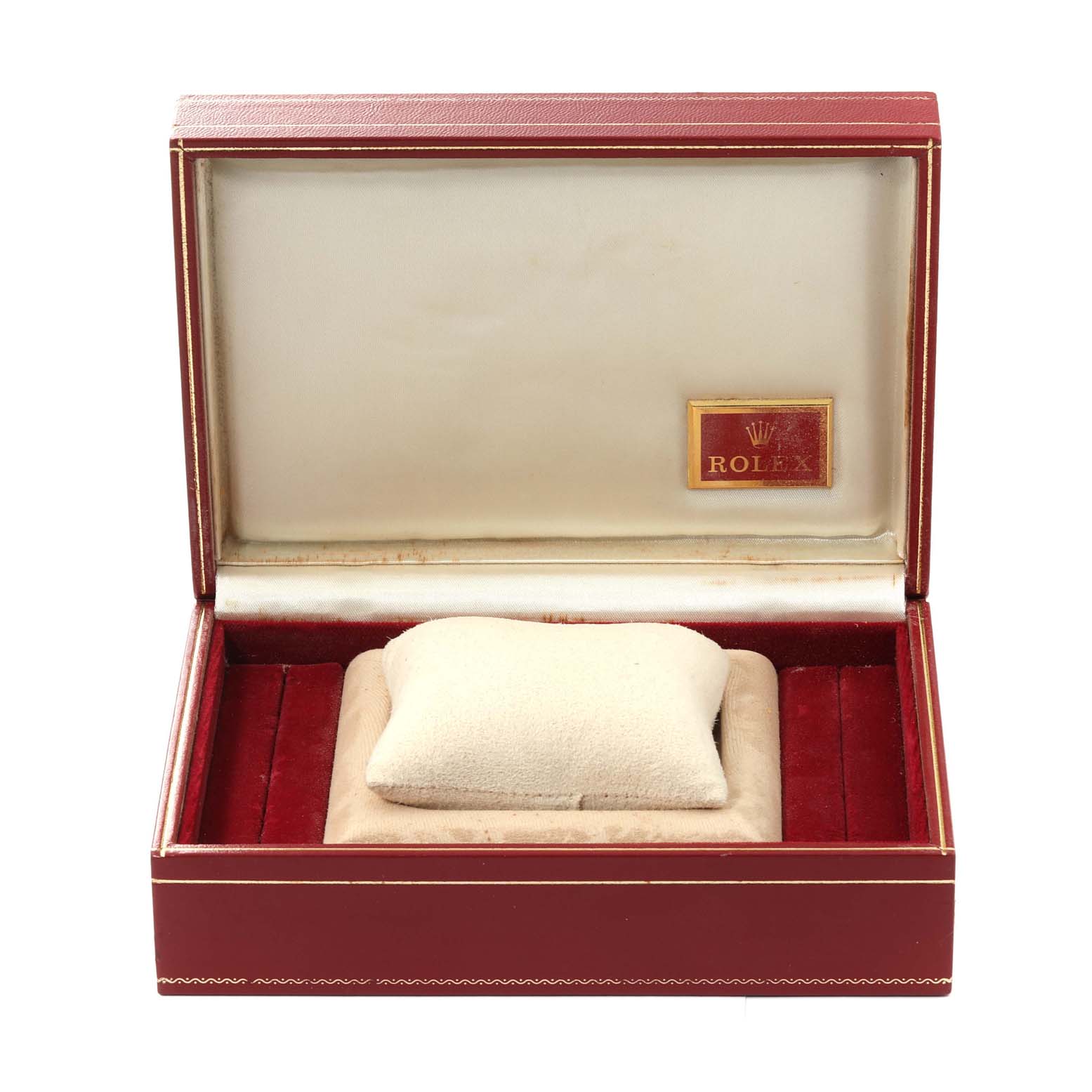 The image shows an open red box for a Rolex President 68278 Women's Yellow Gold Champagne Dial 68278 Women's Yellow Gold Champagne Dial model watch with a cushion inside.