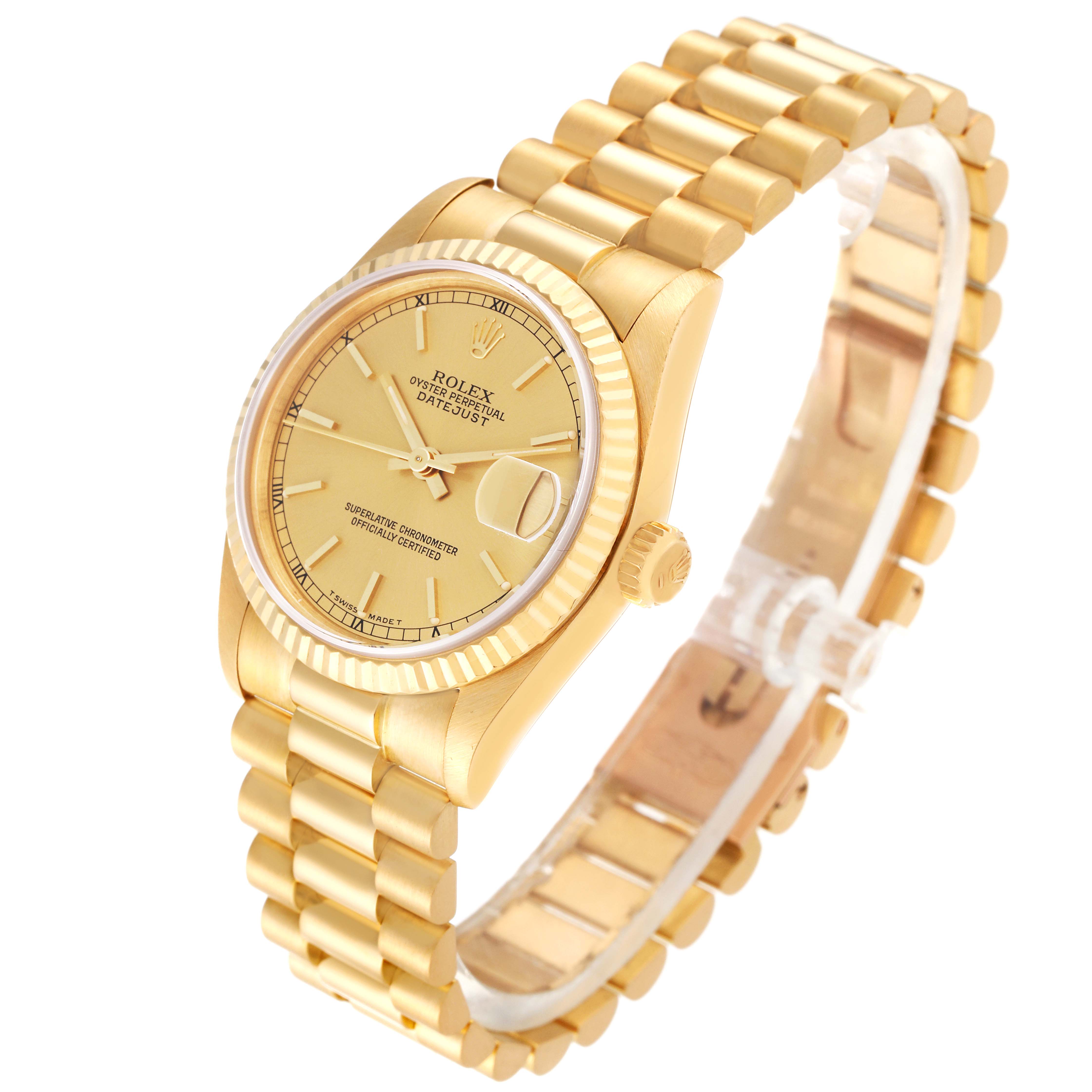 The Rolex President 68278 Women
s Yellow Gold Champagne Dial 68278 Women
s Yellow Gold Champagne Dial model watch is shown at a slight angle, displaying its gold bracelet, dial, hands, and date magnifier.