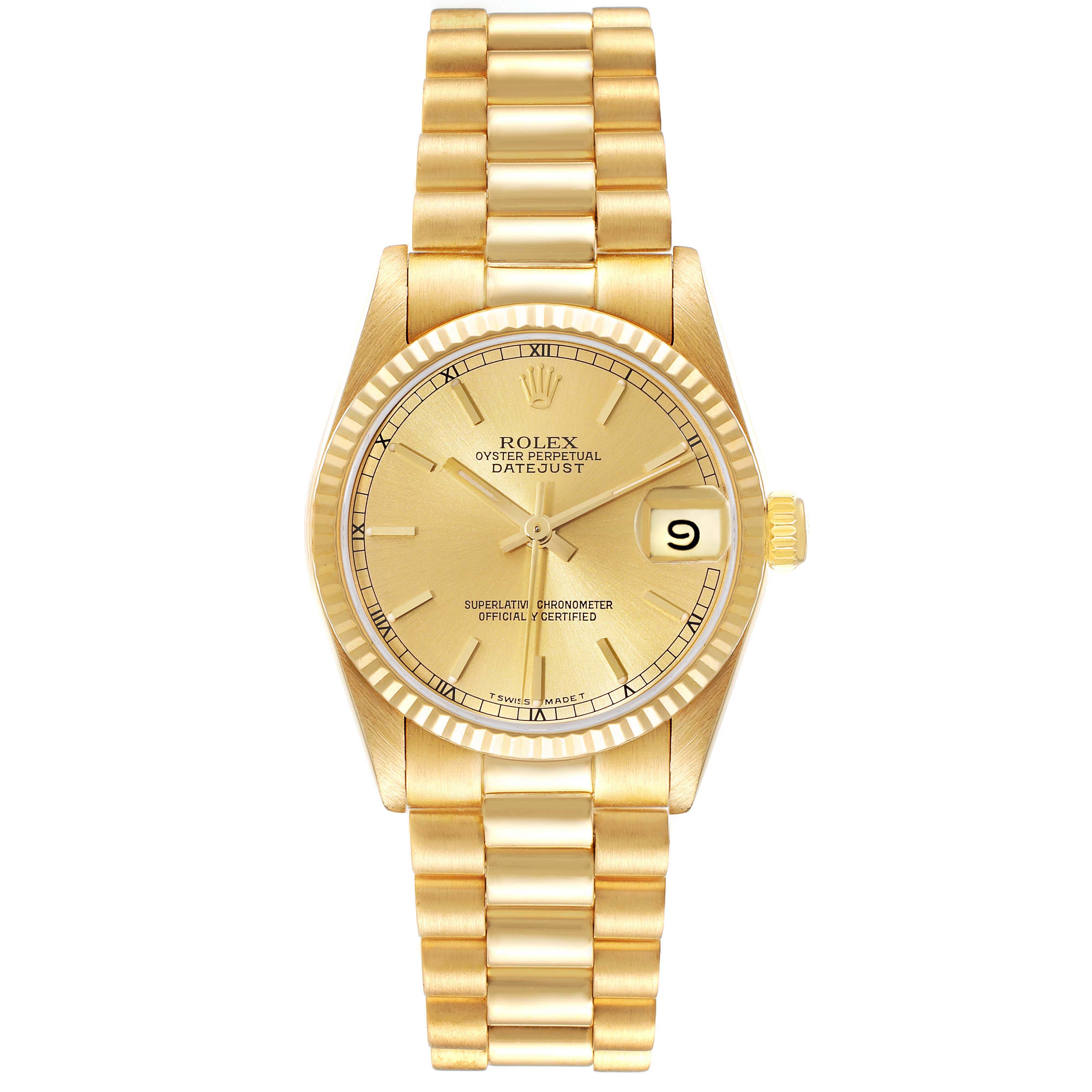 The image shows a Rolex President 68278 Women
s Yellow Gold Champagne Dial 68278 Women
s Yellow Gold Champagne Dial model watch from a top-down angle, highlighting the dial, bezel, and bracelet.