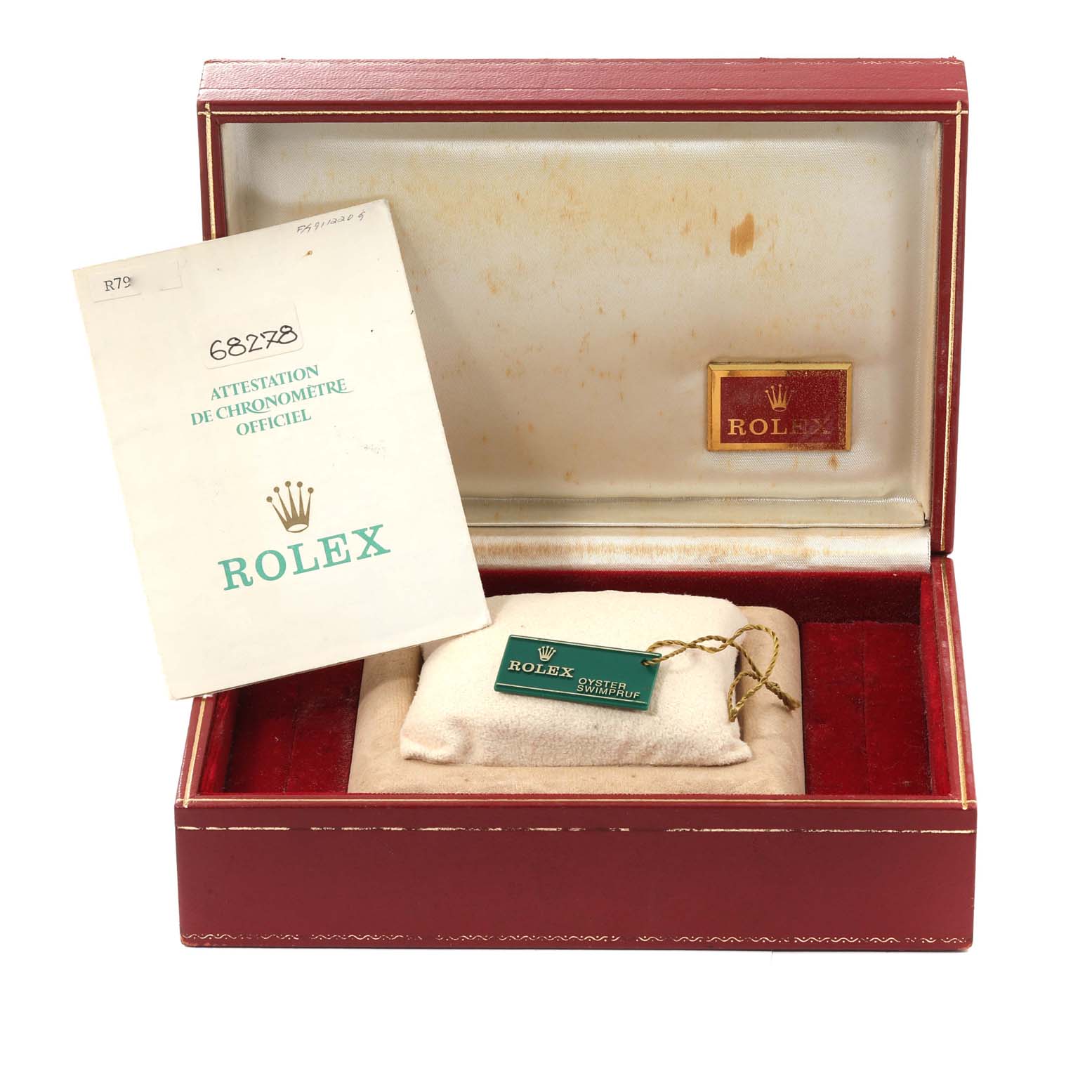 The image shows an open Rolex President 68278 Women
s Yellow Gold Champagne Dial 68278 Women
s Yellow Gold Champagne Dial model box with documentation and an accessory pouch inside.