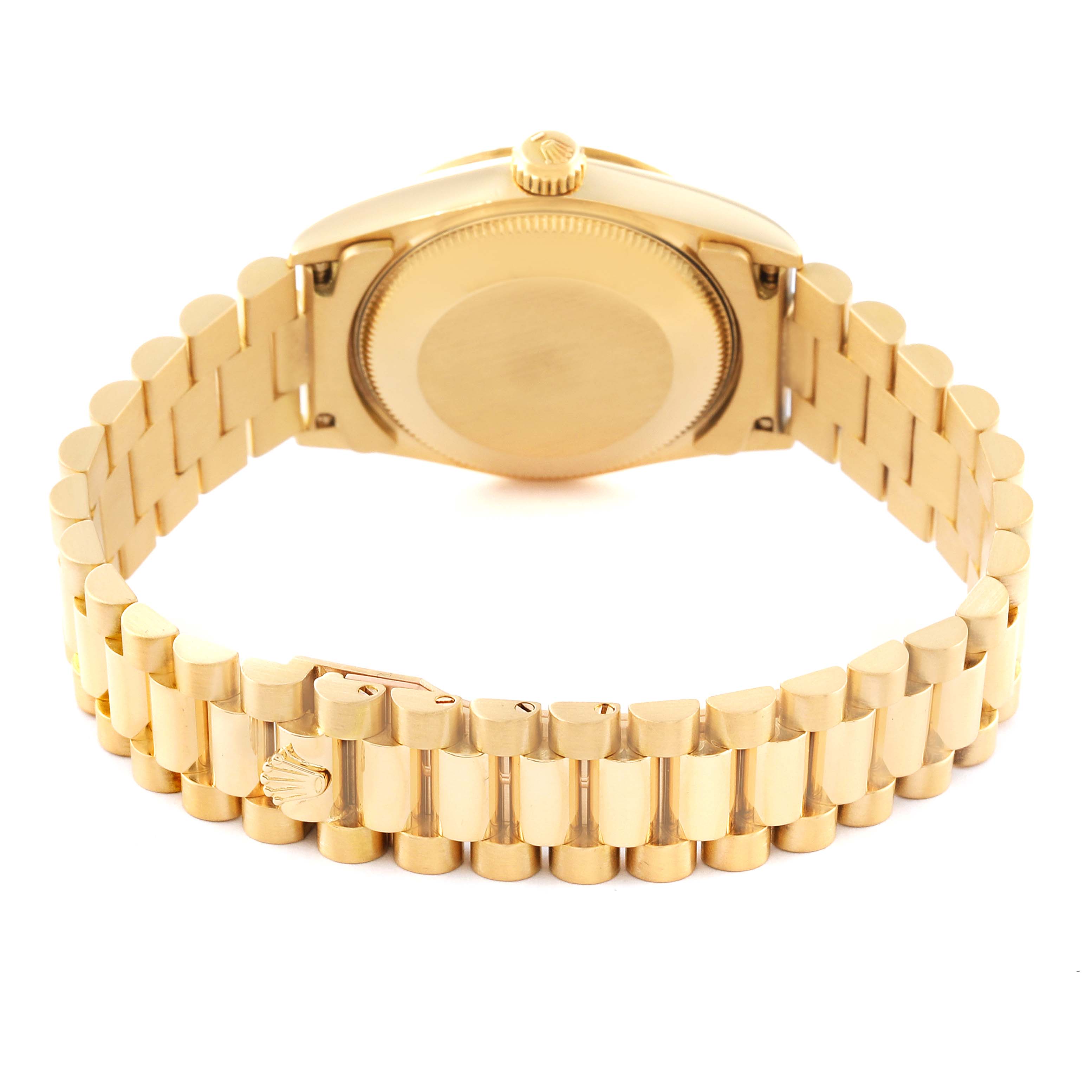 The image shows the back view of a Rolex President 68278 Women
s Yellow Gold Champagne Dial 68278 Women
s Yellow Gold Champagne Dial model watch, highlighting its bracelet and case back.