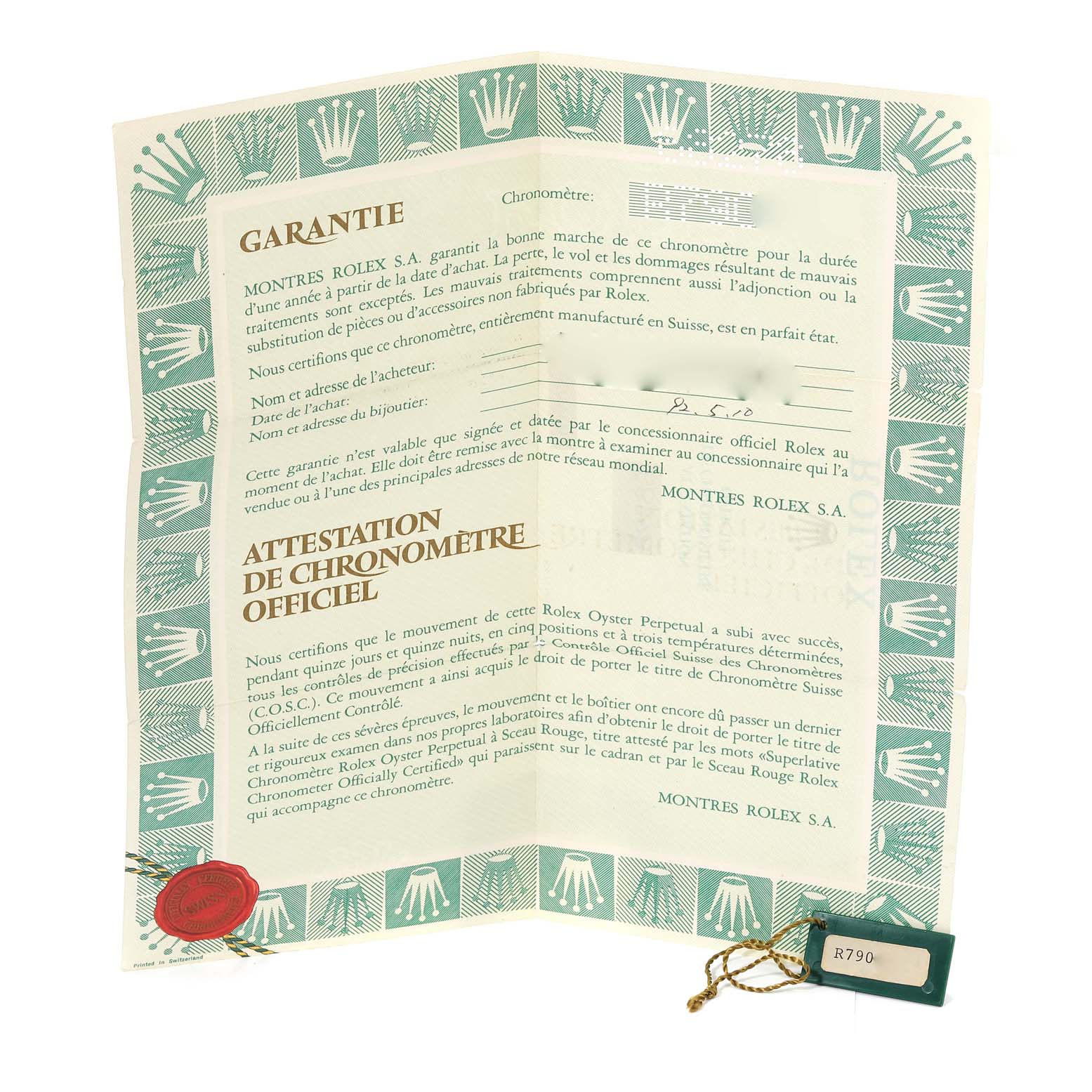 The image shows the warranty certificate and tag for a Rolex President 68278 Women
s Yellow Gold Champagne Dial 68278 Women
s Yellow Gold Champagne Dial model watch.