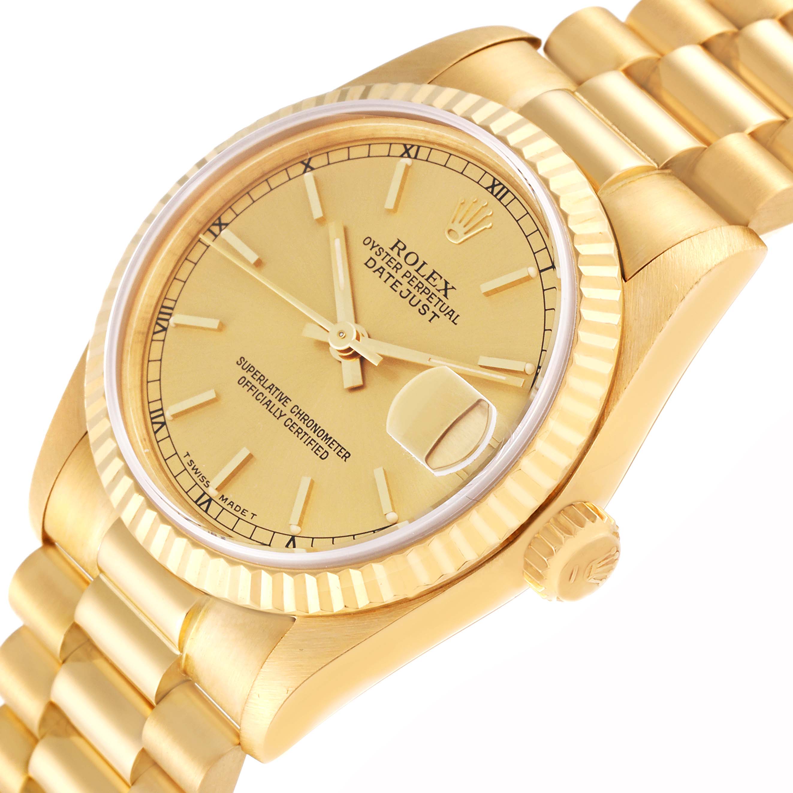 The image shows a close-up, angled view of the dial, fluted bezel, crown, and part of the bracelet of a Rolex President 68278 Women
s Yellow Gold Champagne Dial 68278 Women
s Yellow Gold Champagne Dial model watch.