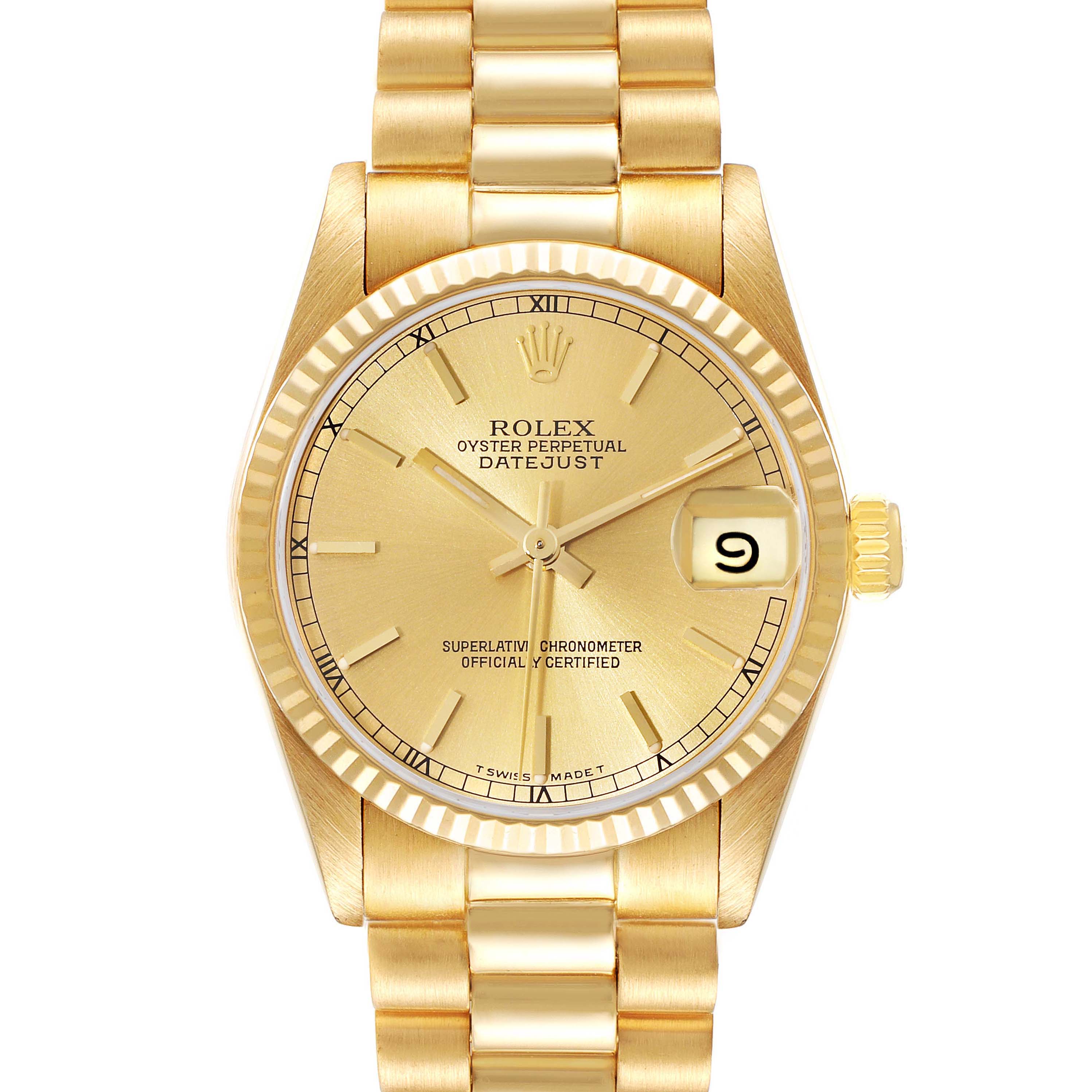 The image shows a front view of a Rolex President 68278 Women
s Yellow Gold Champagne Dial 68278 Women
s Yellow Gold Champagne Dial model watch, highlighting its gold bracelet, dial, and date window.