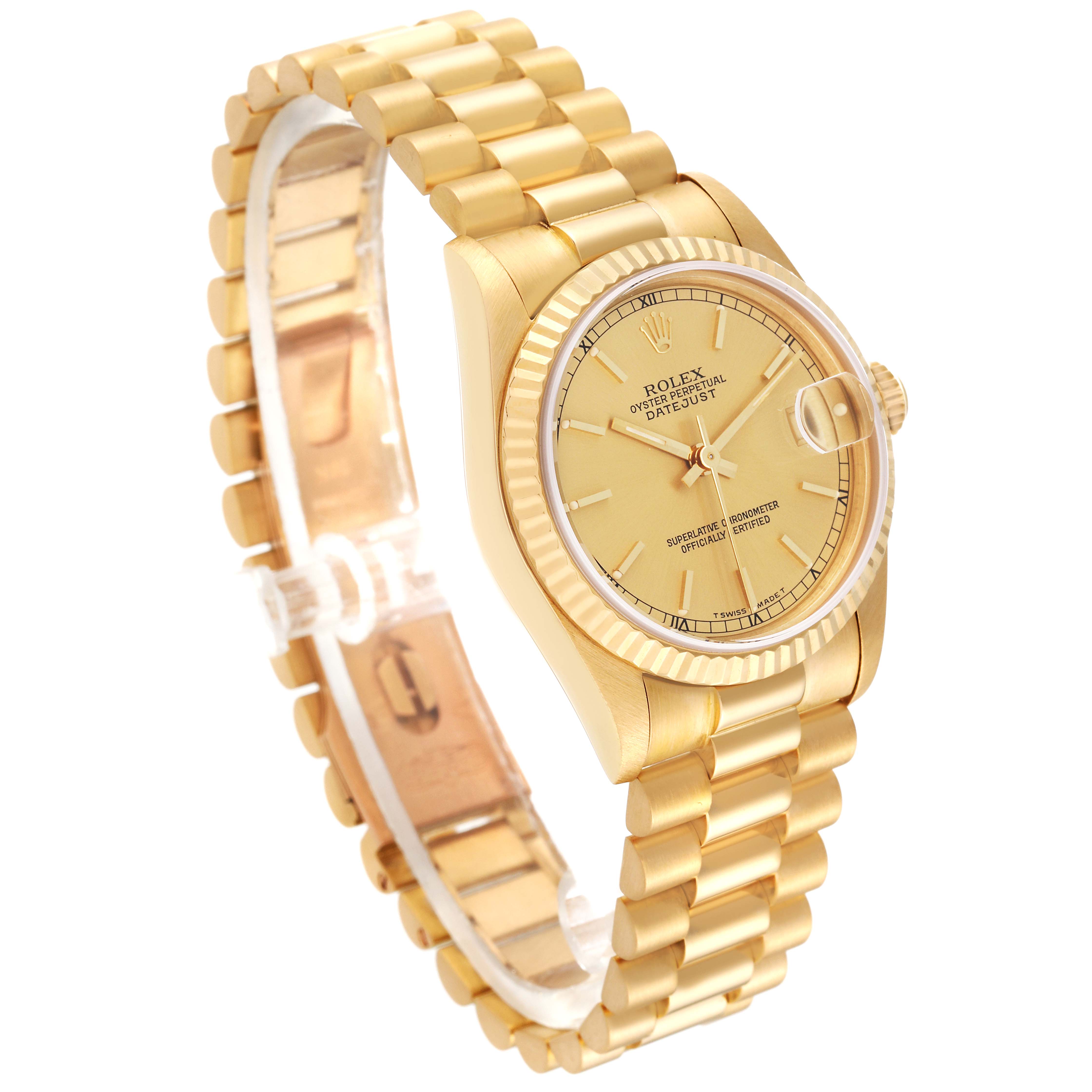 The image shows a Rolex President 68278 Women
s Yellow Gold Champagne Dial 68278 Women
s Yellow Gold Champagne Dial model watch at a slight angle, highlighting the gold band, dial, bezel, and crown.