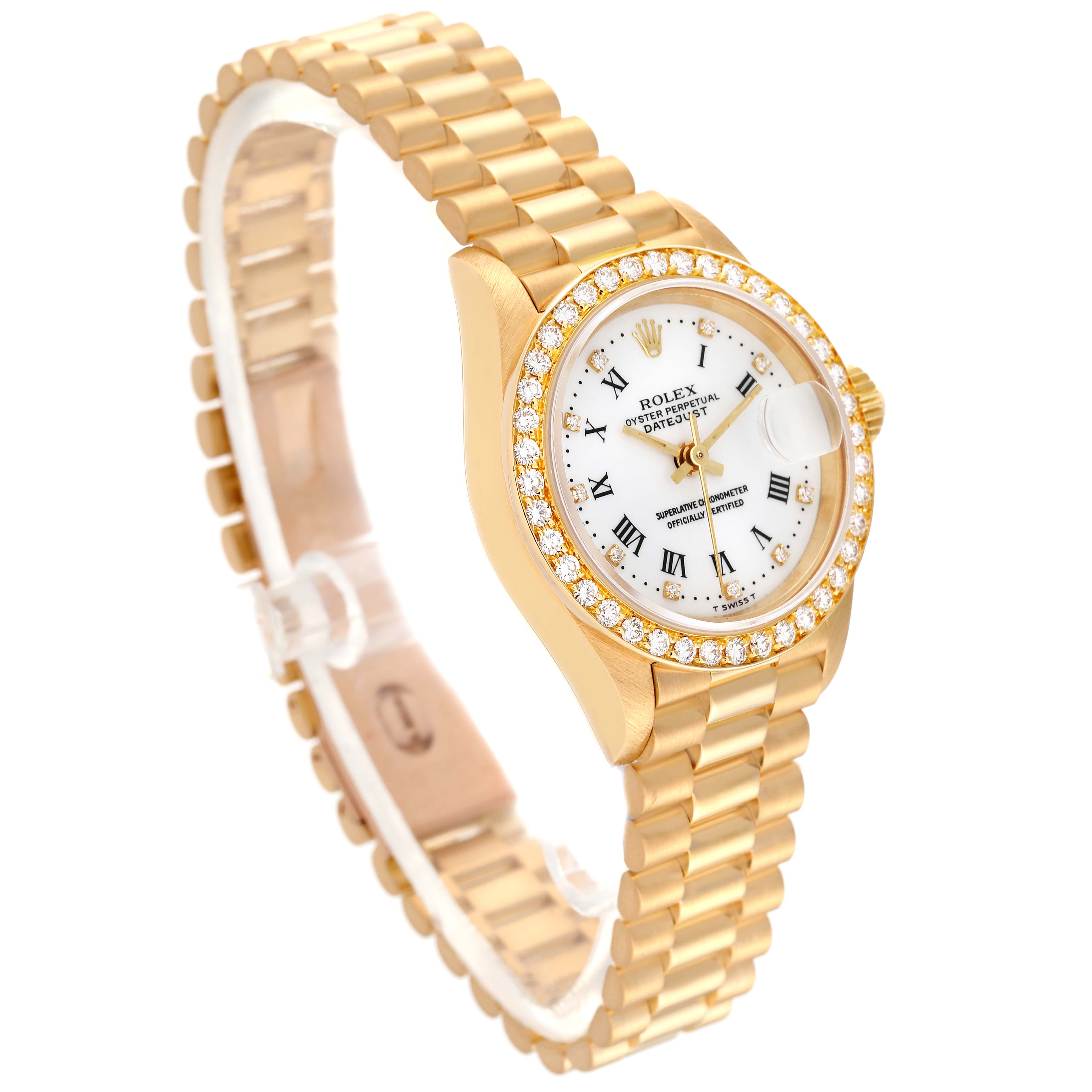 This Rolex President 69138G Women's Yellow Gold White Dial 69138G Women's Yellow Gold White Dial watch is shown from an angled view, highlighting its gold band, diamond bezel, and dial.