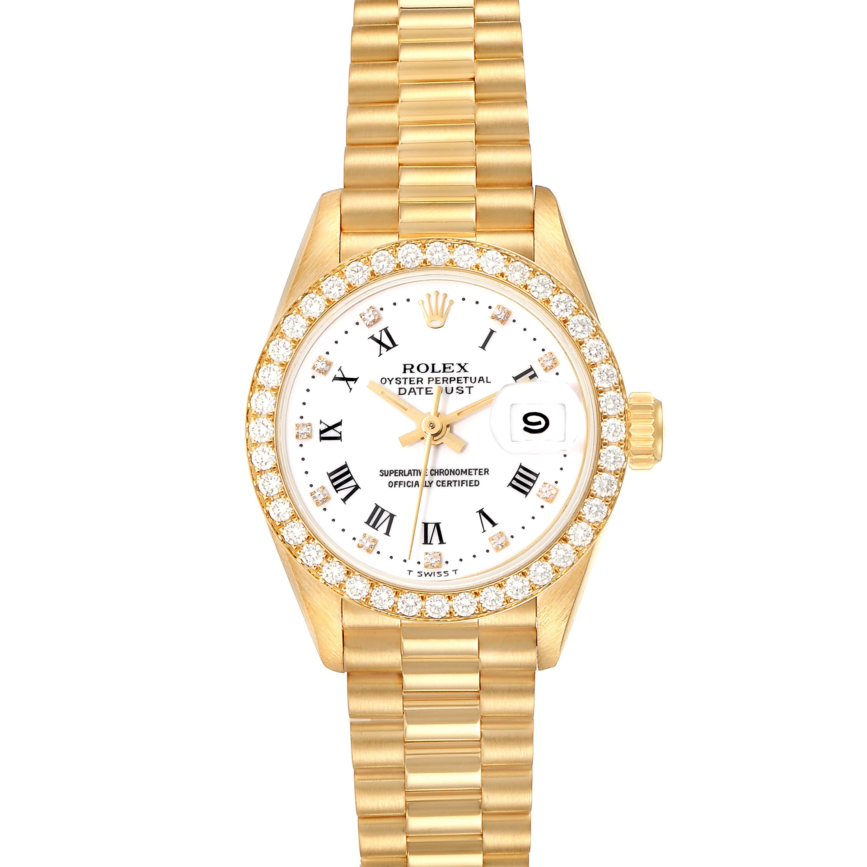 This Rolex President 69138G Women's Yellow Gold White Dial 69138G Women's Yellow Gold White Dial model watch is shown from a top view, highlighting the dial, bezel, bracelet, and crown.