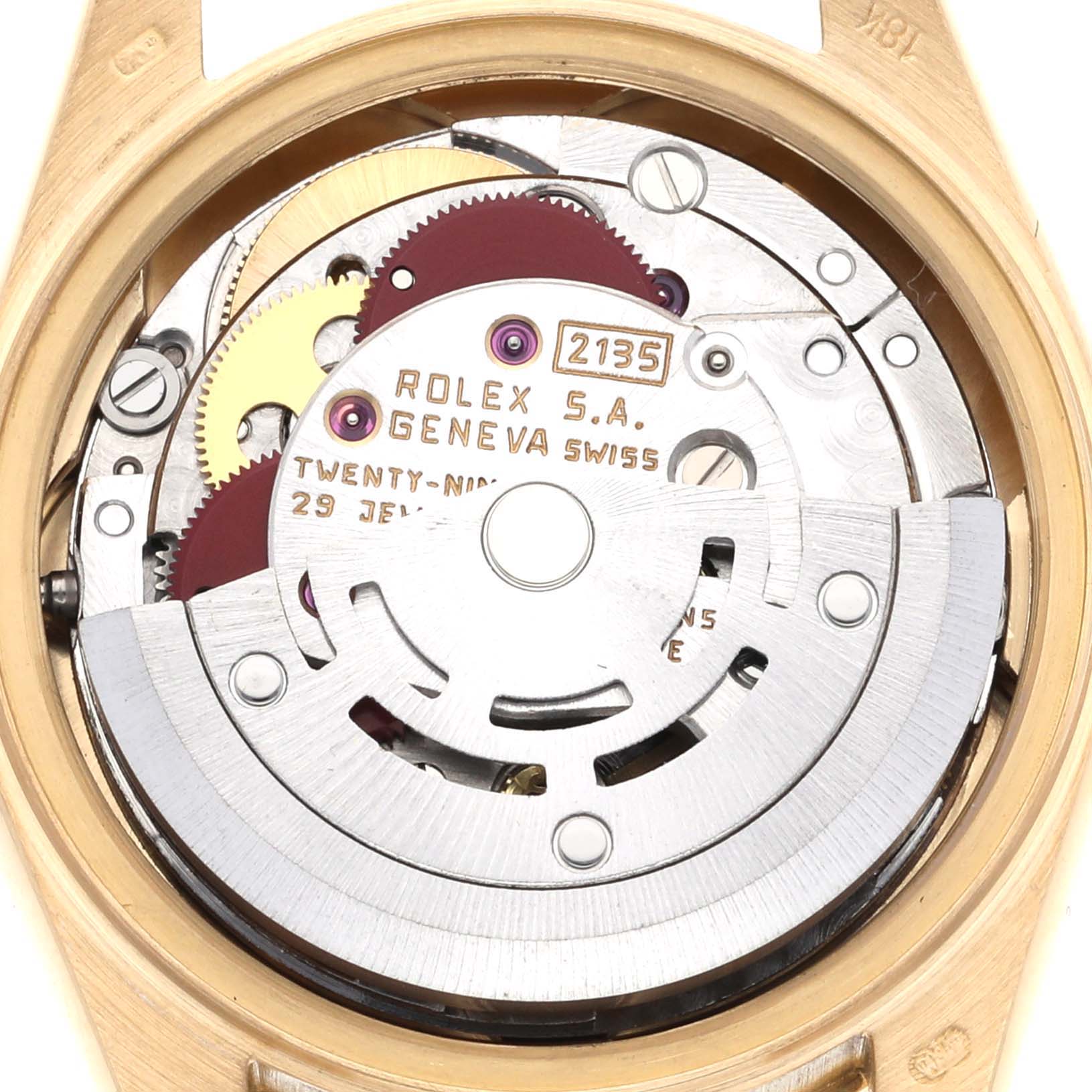 The image shows the internal movement mechanism of a Rolex President 69138G Women's Yellow Gold White Dial 69138G Women's Yellow Gold White Dial model watch from a top view.