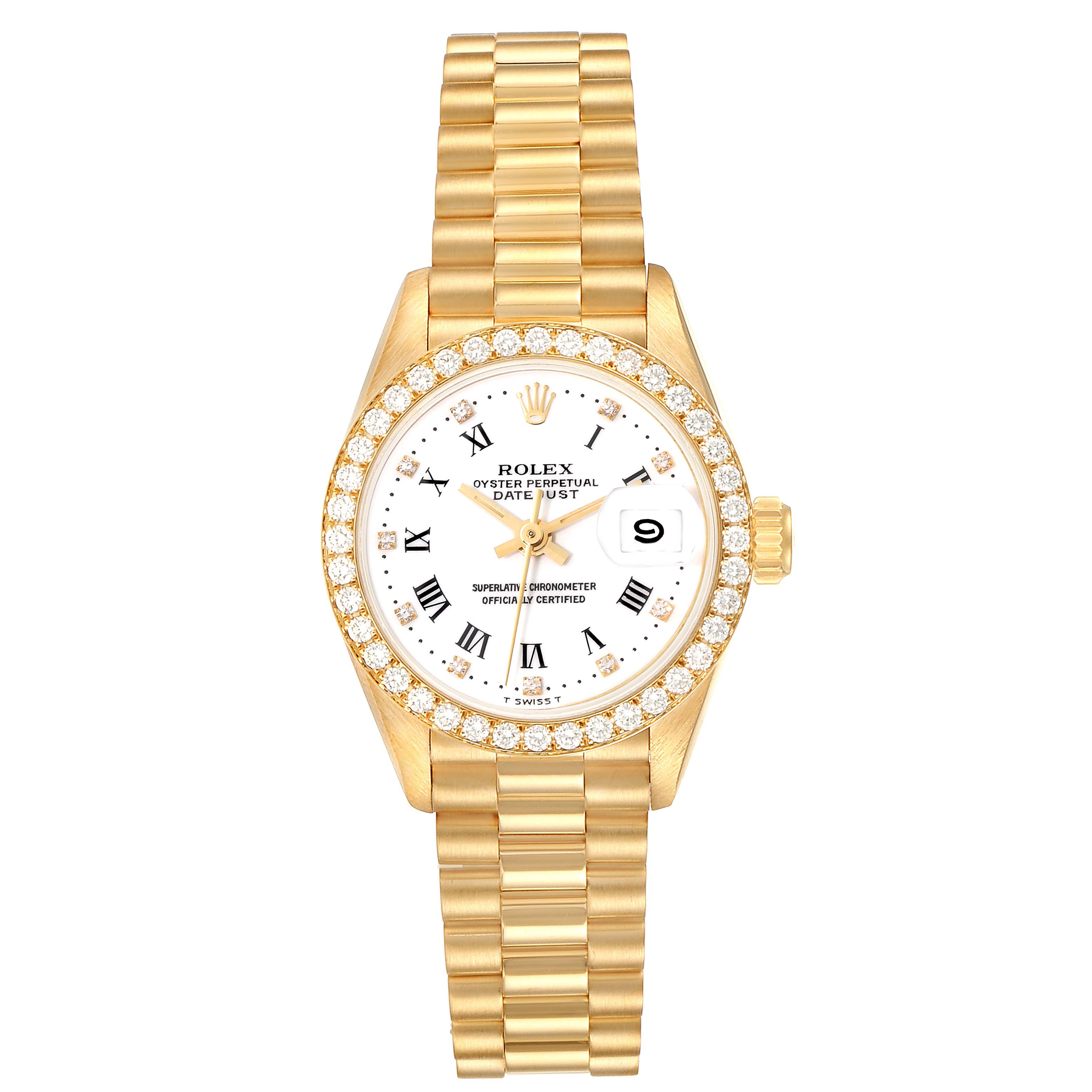 The image shows a front view of a Rolex President 69138G Women's Yellow Gold White Dial 69138G Women's Yellow Gold White Dial model watch, highlighting its gold bracelet, bezel, and dial.