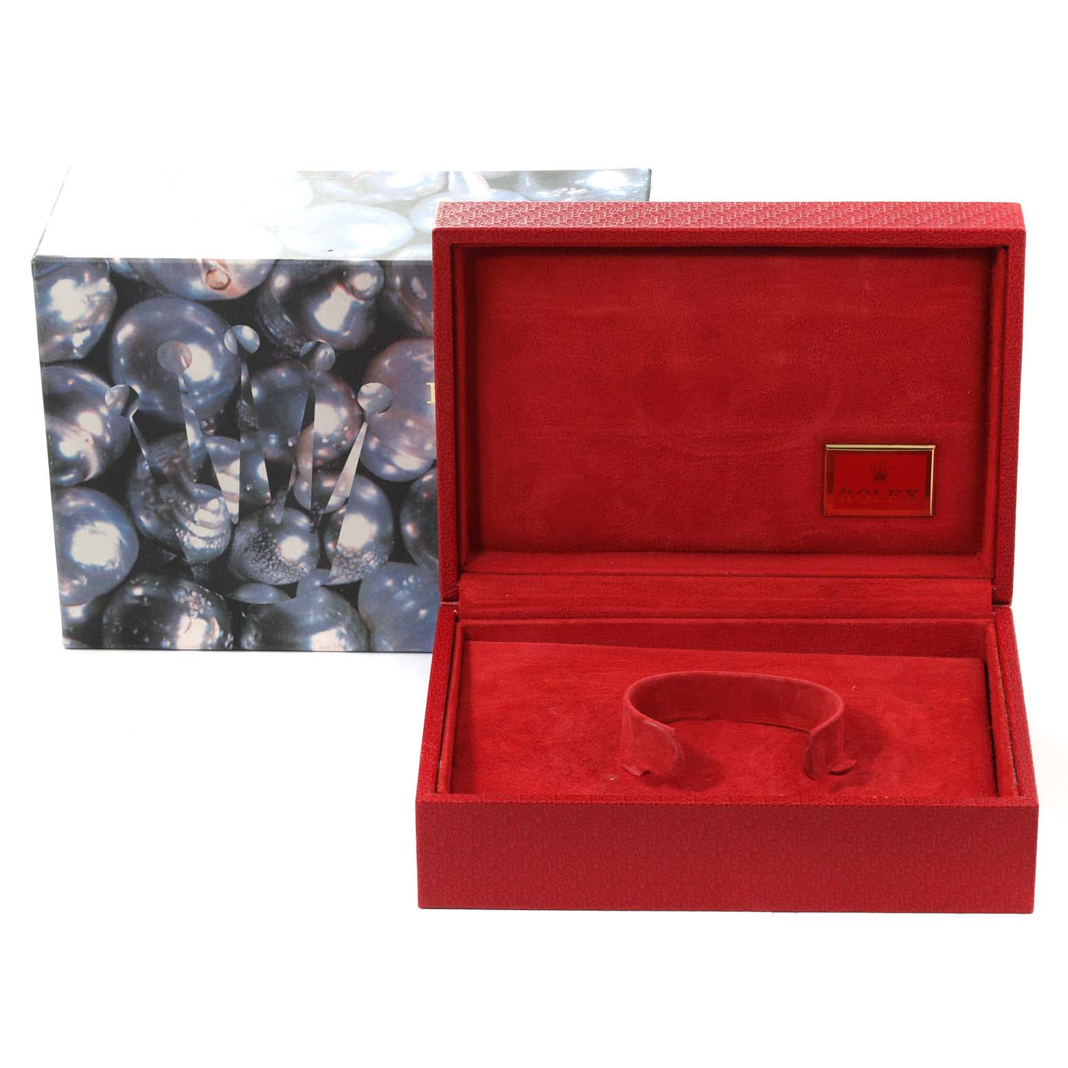 This image shows the packaging and watch holder for a Rolex President 69138G Women's Yellow Gold White Dial 69138G Women's Yellow Gold White Dial model, with an open red box and the outer box behind it.