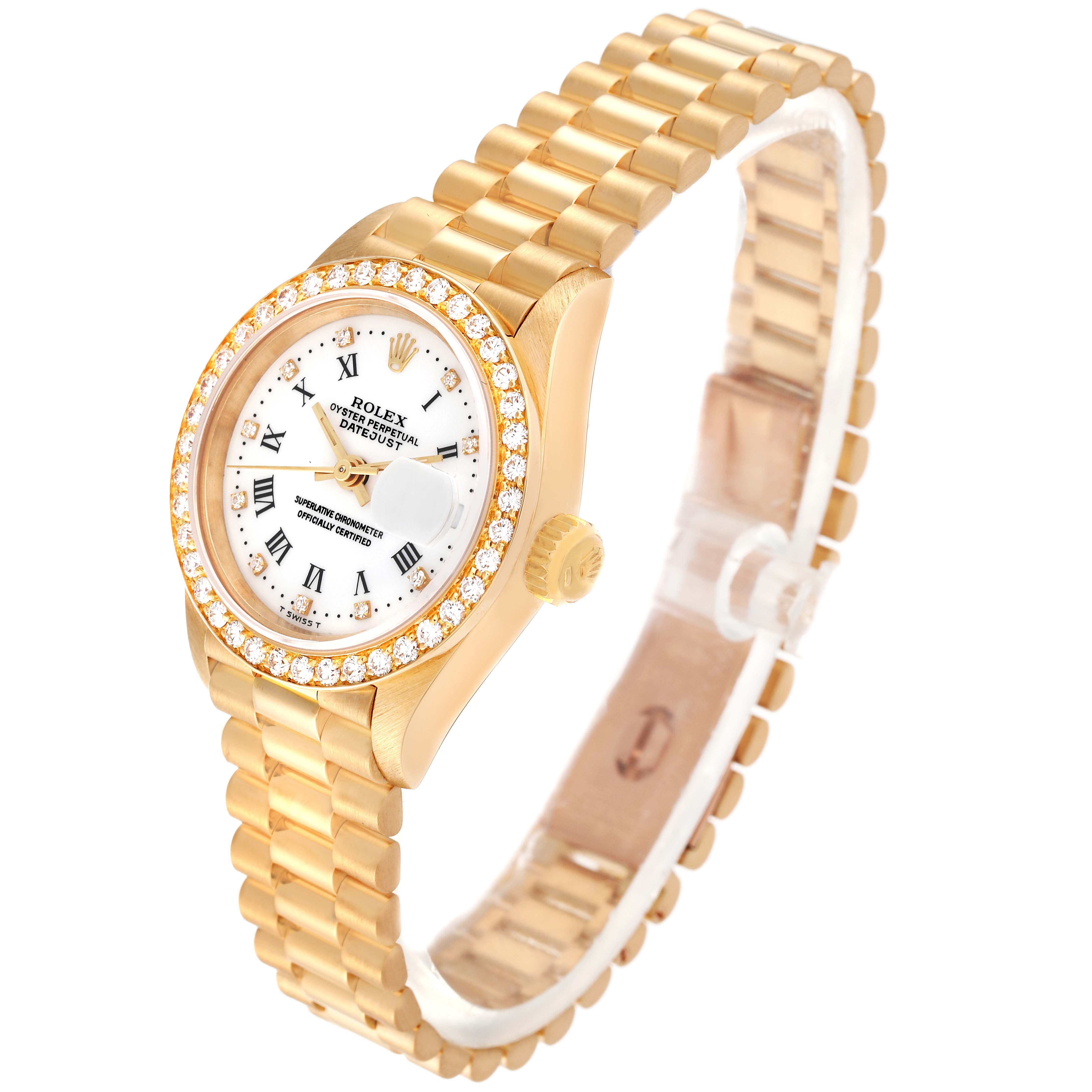 The Rolex President 69138G Women's Yellow Gold White Dial 69138G Women's Yellow Gold White Dial model watch is shown at a slight angle, displaying its gold band, diamond bezel, dial, and crown.