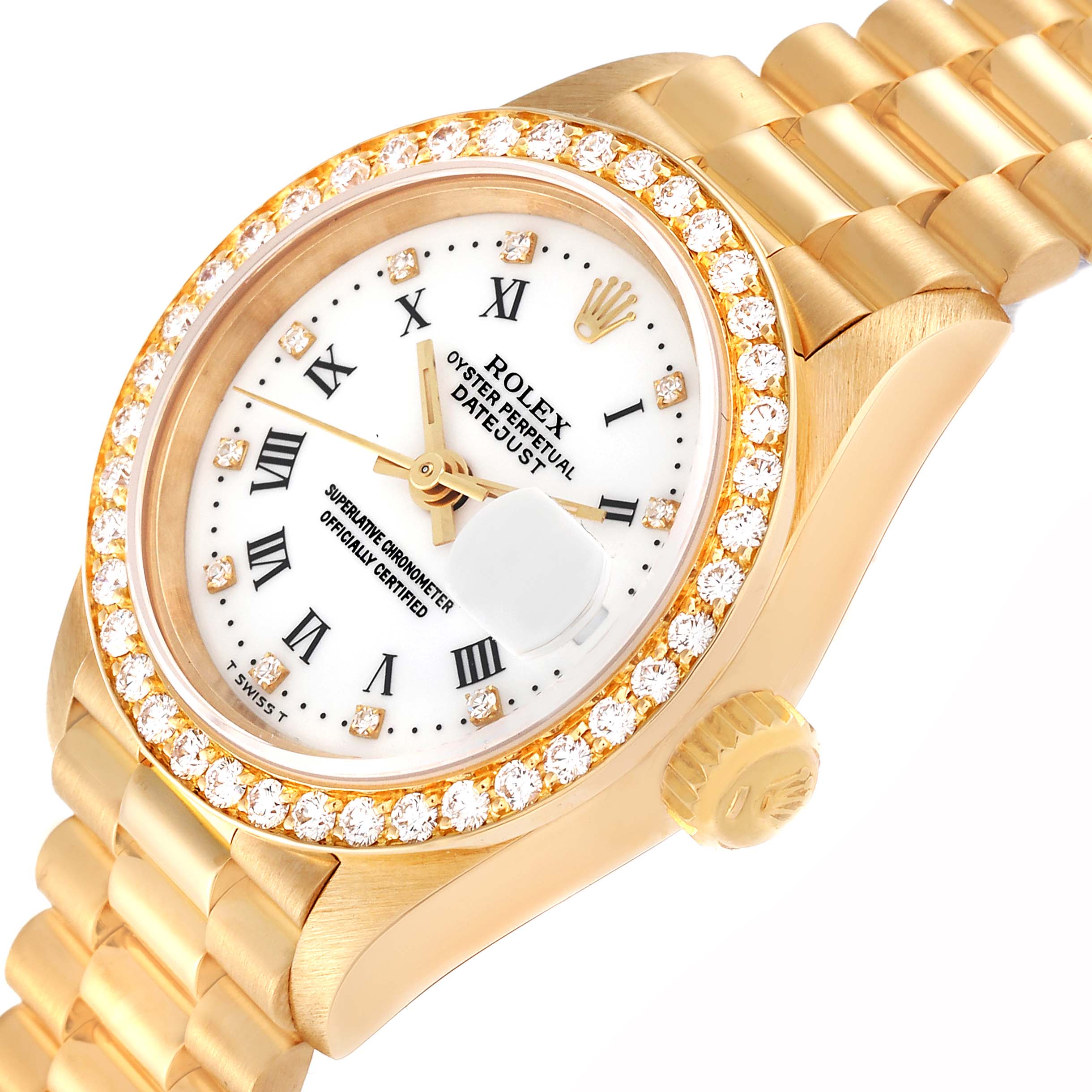 The image shows a Rolex President 69138G Women's Yellow Gold White Dial 69138G Women's Yellow Gold White Dial model watch at an oblique angle, highlighting the dial, bezel, and part of the bracelet.