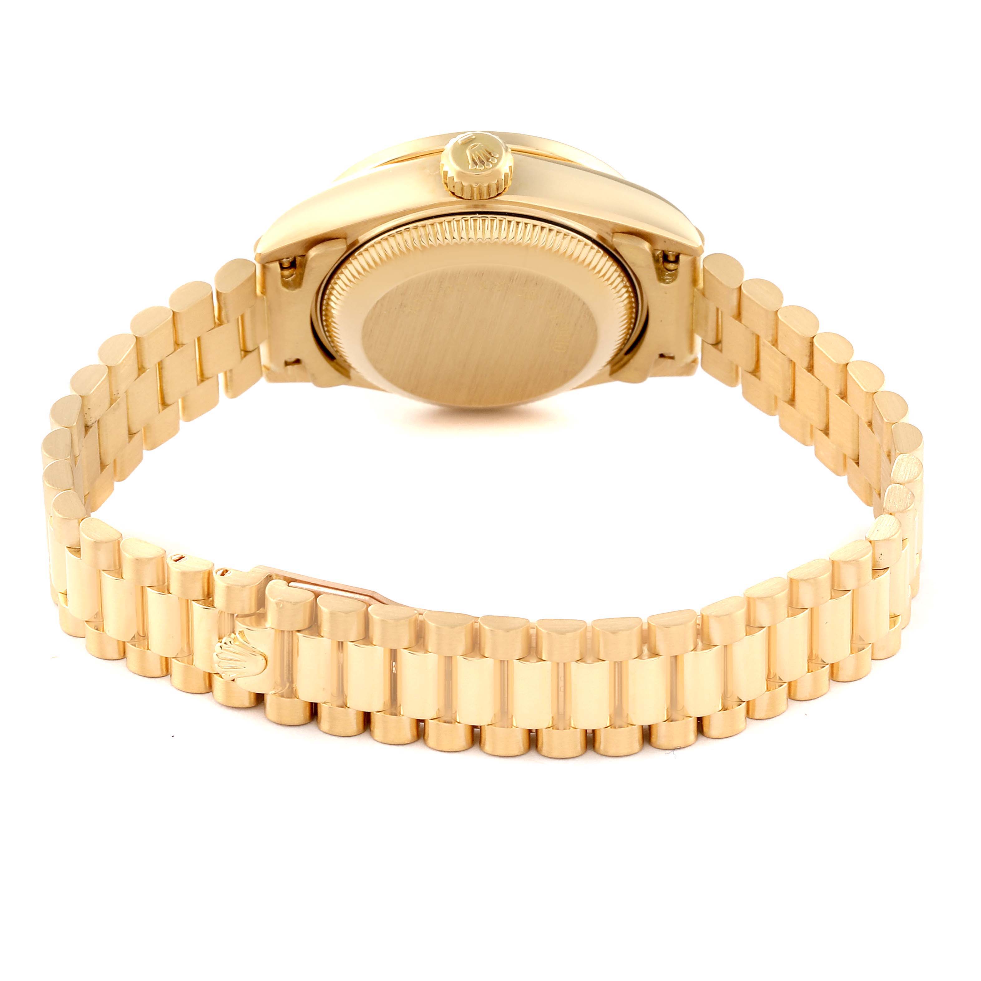 This image shows the back view of a Rolex President 69138G Women's Yellow Gold White Dial 69138G Women's Yellow Gold White Dial model watch, highlighting its gold case and bracelet.