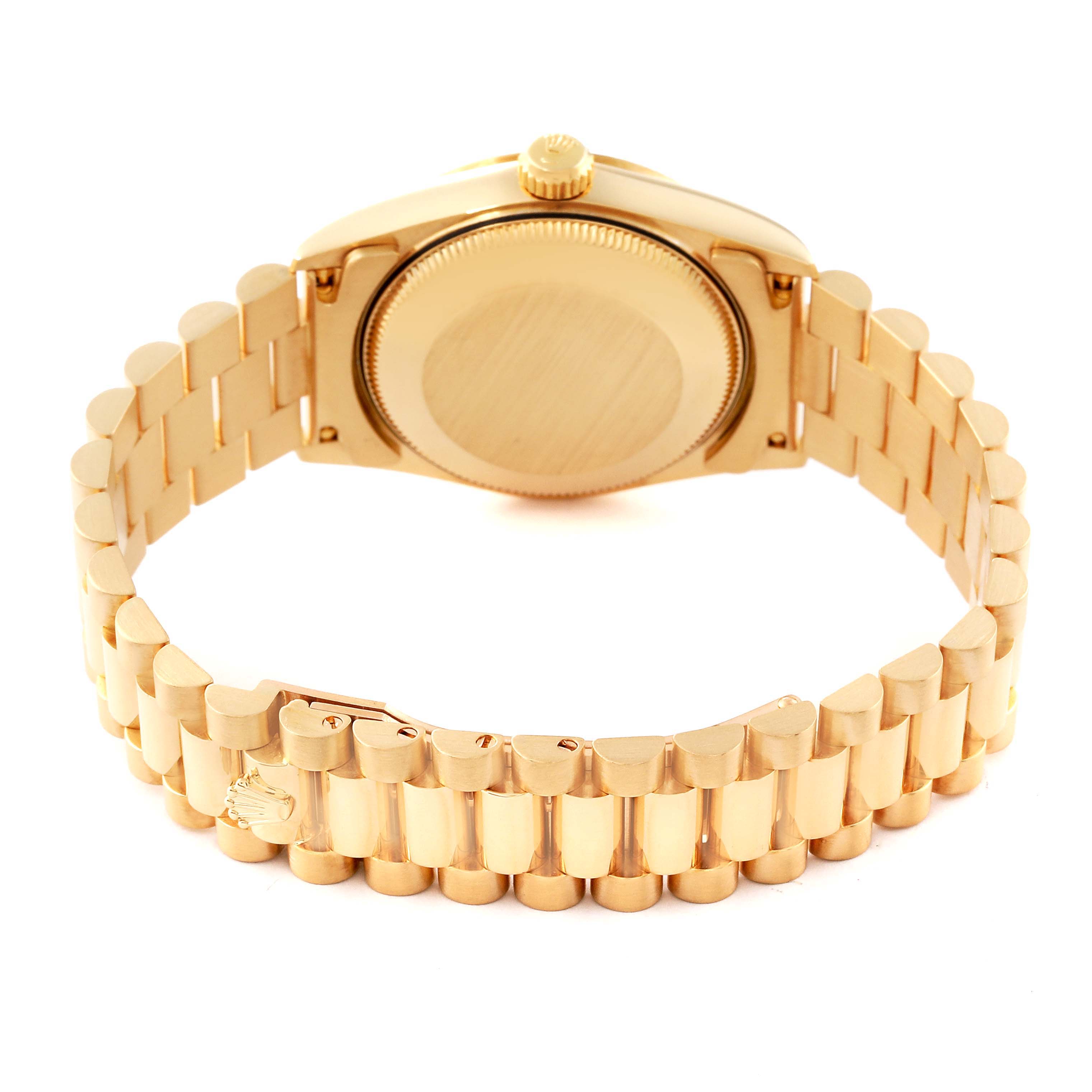 This image shows the back and bracelet of a Rolex President 68278G Women
s Yellow Gold Champagne Dial 68278G Women
s Yellow Gold Champagne Dial model watch, highlighting its gold finish and clasp detail.