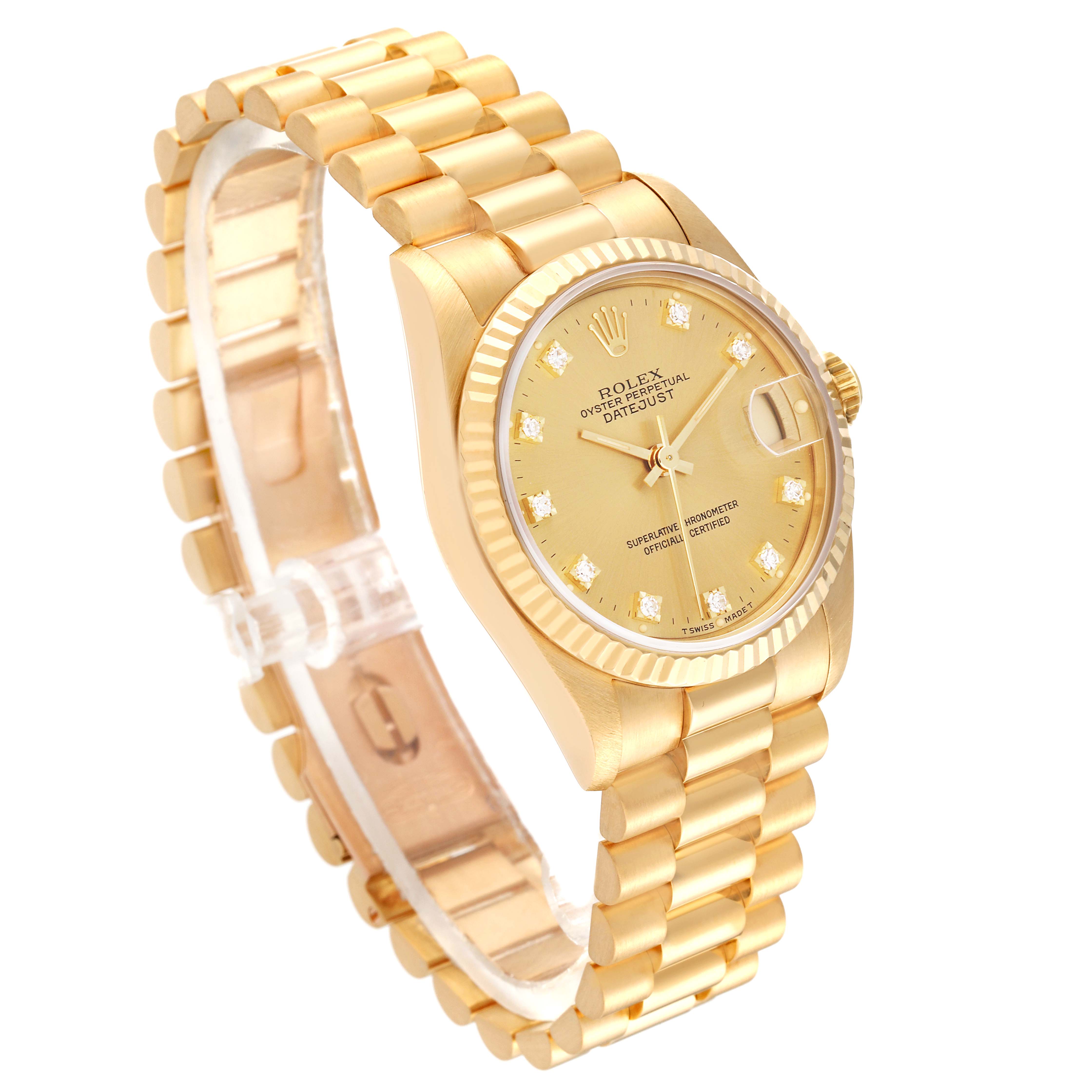 The Rolex President 68278G Women
s Yellow Gold Champagne Dial 68278G Women
s Yellow Gold Champagne Dial model watch is shown at an oblique angle, highlighting the gold bracelet, crown, and dial.