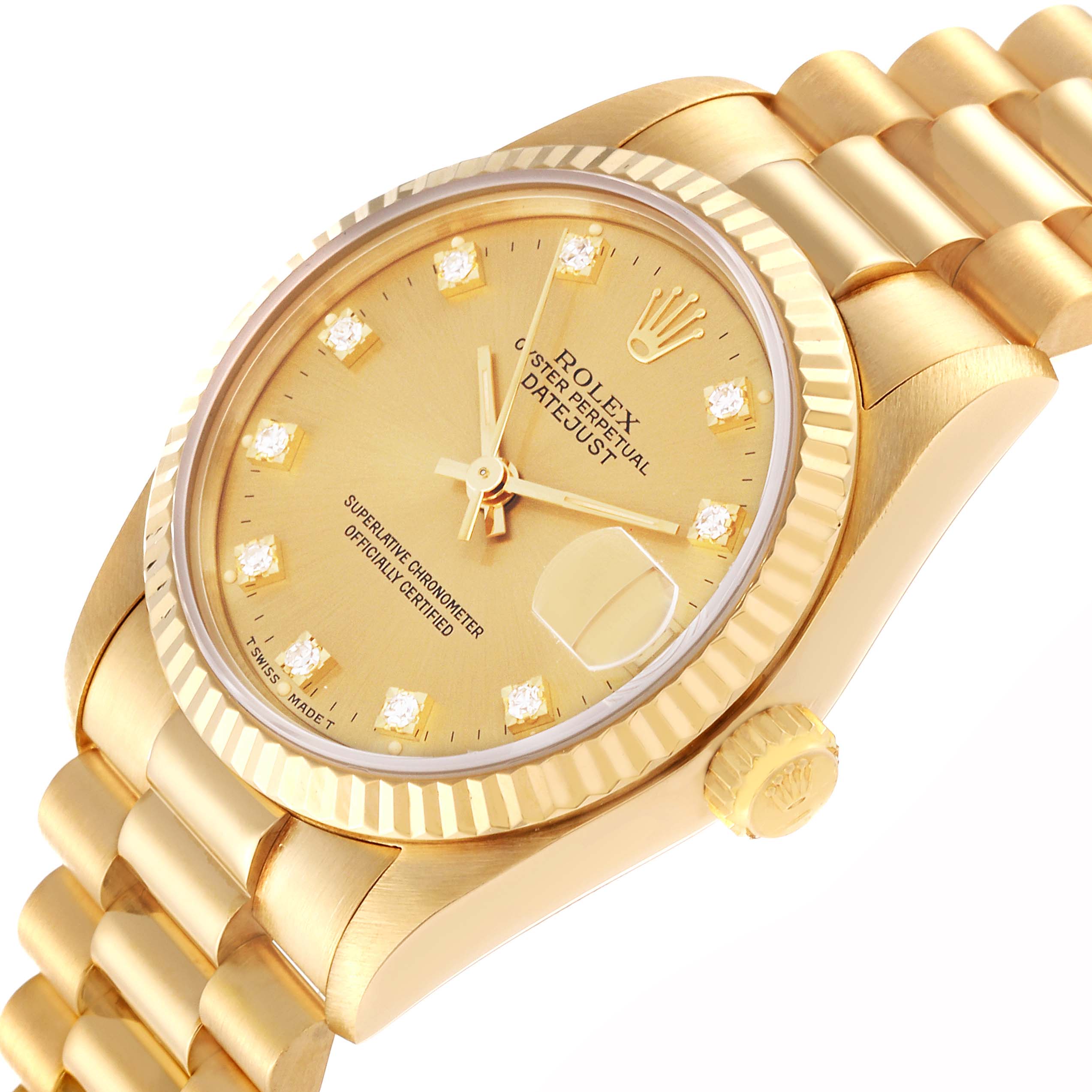 The image shows a Rolex President 68278G Women
s Yellow Gold Champagne Dial 68278G Women
s Yellow Gold Champagne Dial model watch at a slight angle, highlighting its gold case, dial, bracelet, and date window.
