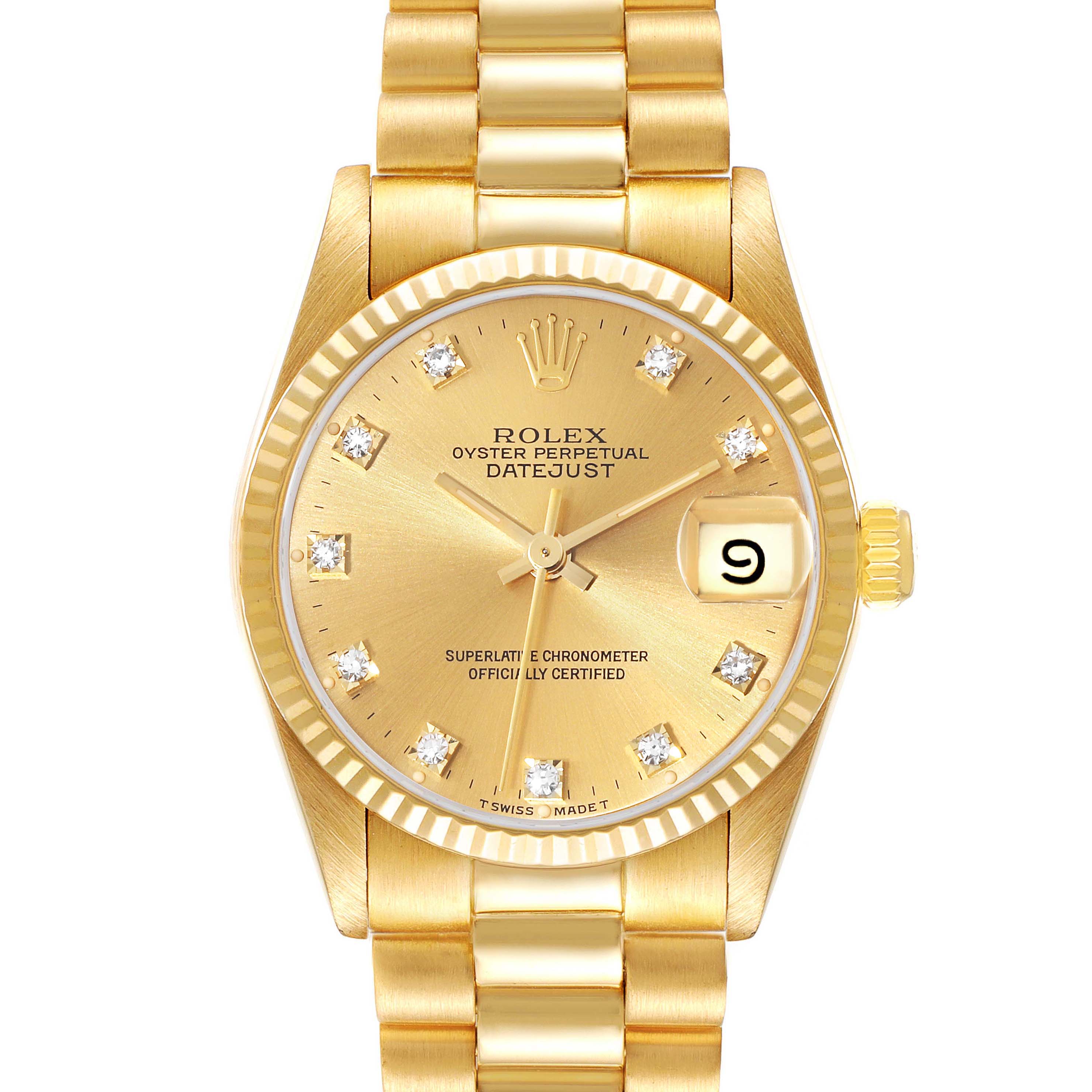 The image shows a Rolex President 68278G Women
s Yellow Gold Champagne Dial 68278G Women
s Yellow Gold Champagne Dial Datejust watch with a gold case, bracelet, diamond hour markers, and a date window at 3 o
clock.