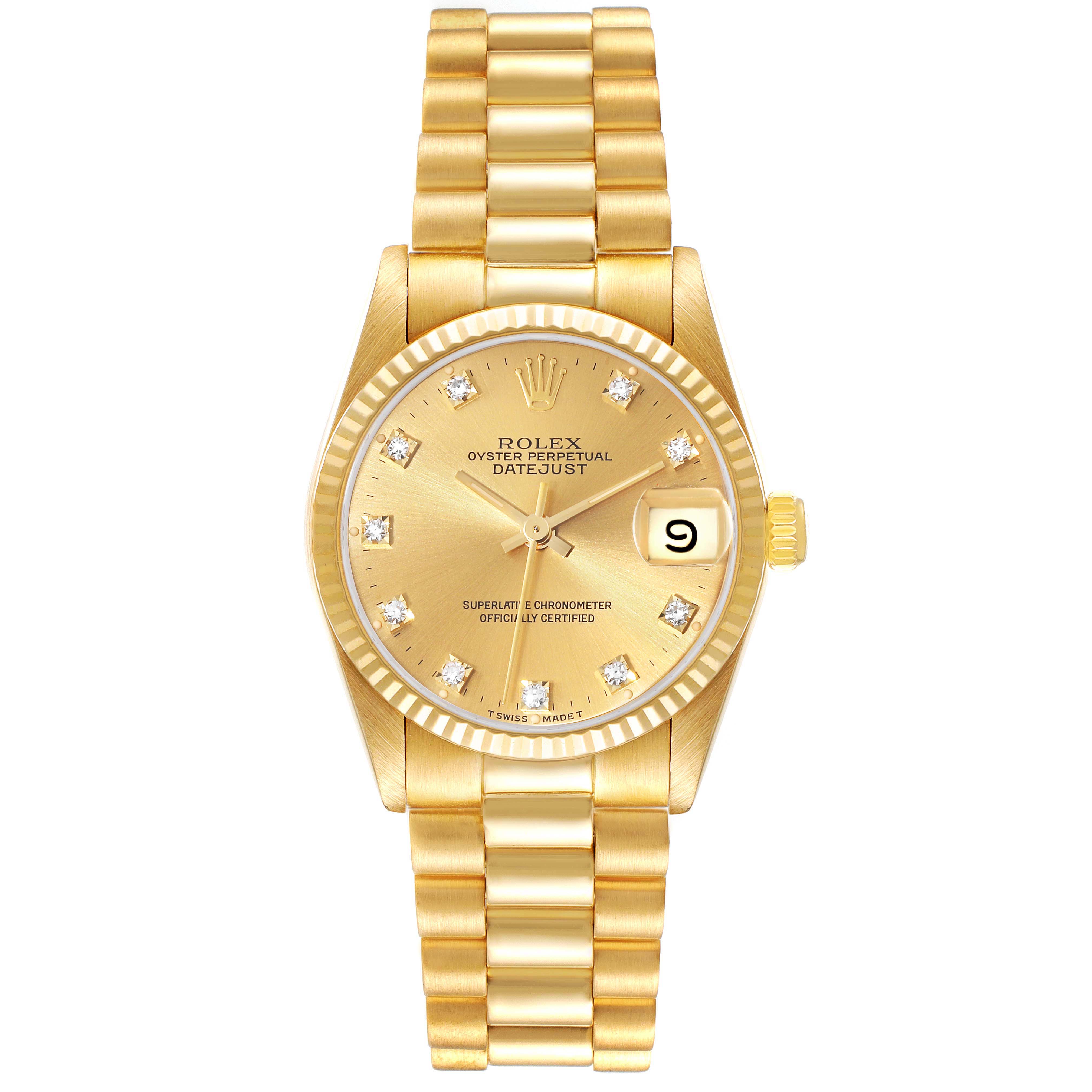 This image shows a full frontal view of a Rolex President 68278G Women
s Yellow Gold Champagne Dial 68278G Women
s Yellow Gold Champagne Dial model watch, displaying the face, bezel, bracelet, and crown.