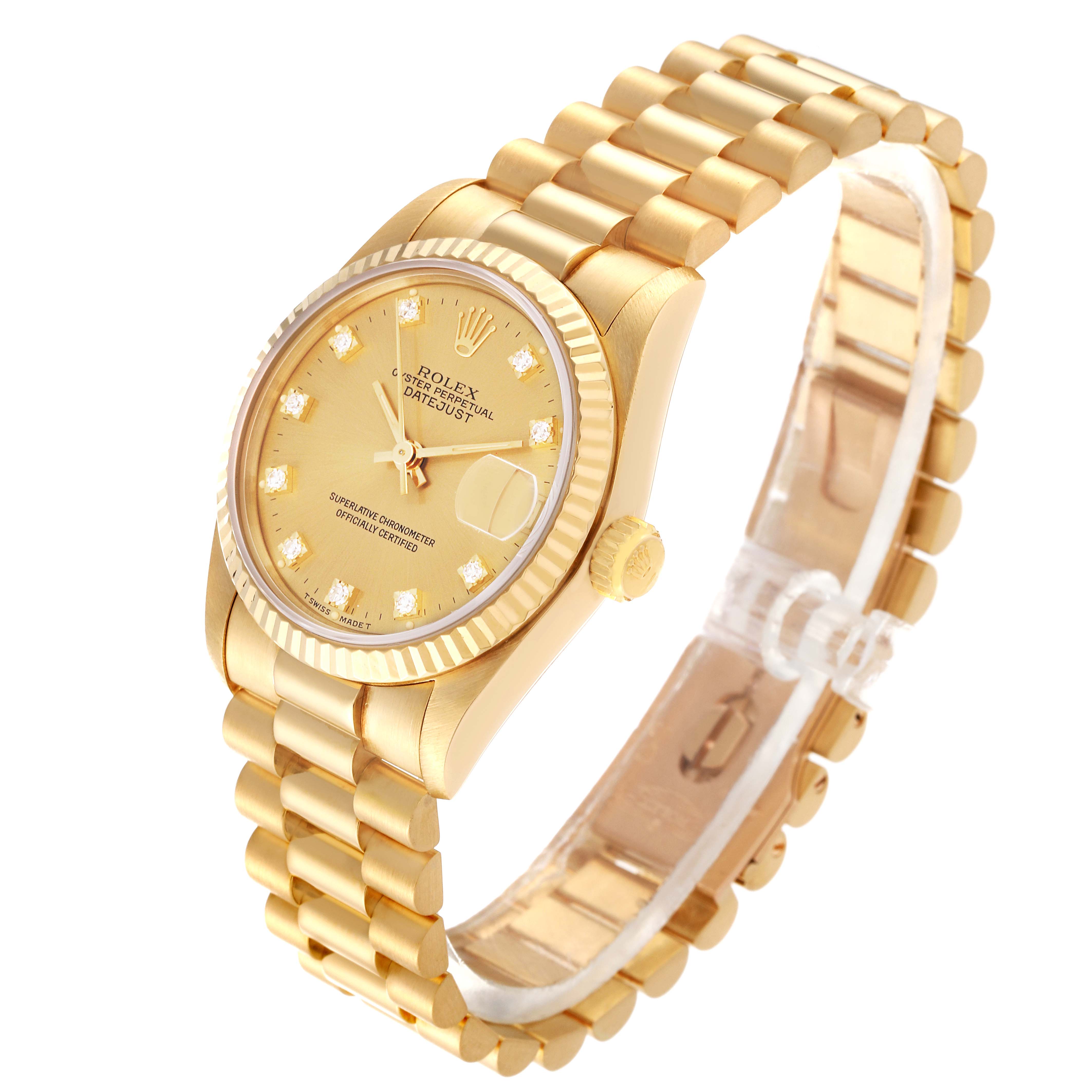 The Rolex President 68278G Women
s Yellow Gold Champagne Dial 68278G Women
s Yellow Gold Champagne Dial model watch is shown from an angled front view, displaying its face, bezel, crown, and bracelet.