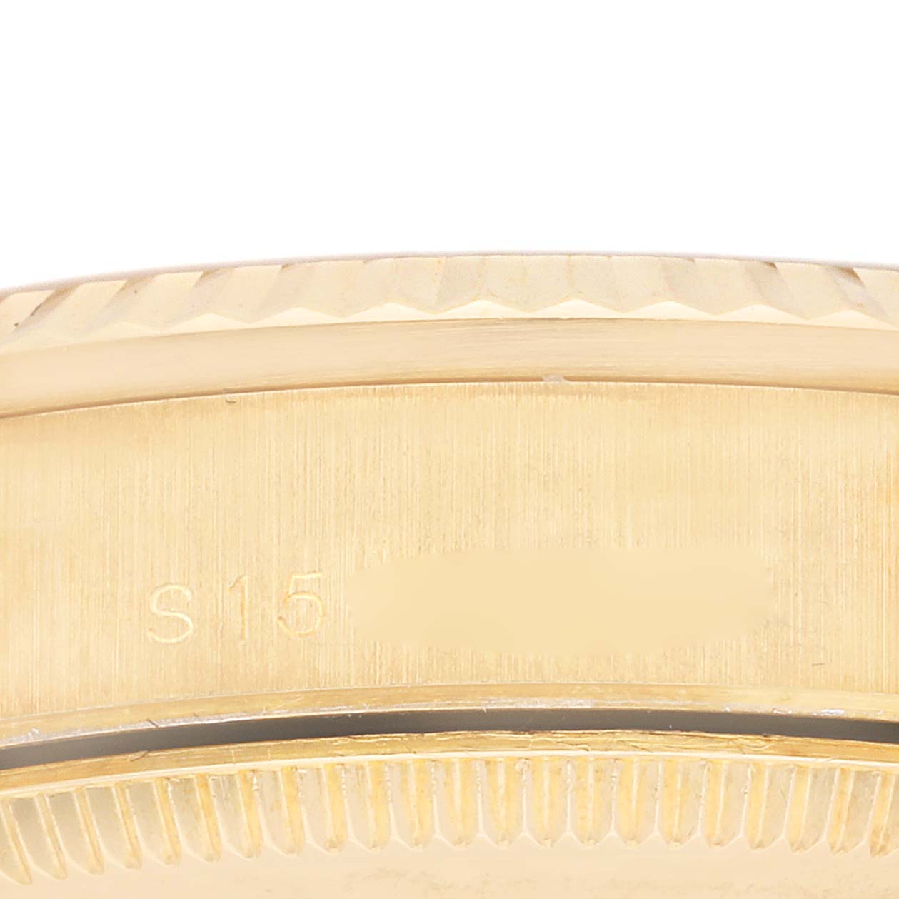 This close-up angle shows the side of the case and bezel of a Rolex President 68278G Women
s Yellow Gold Champagne Dial 68278G Women
s Yellow Gold Champagne Dial model watch.