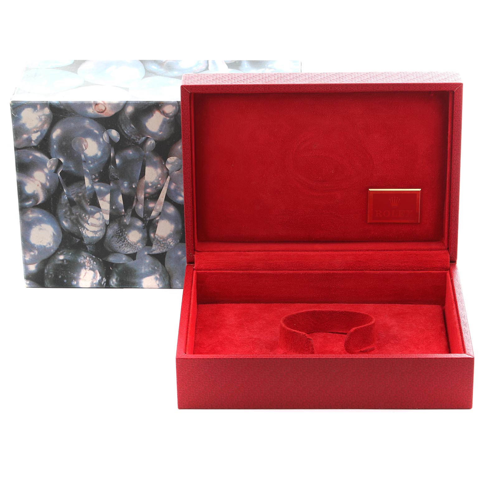 The image shows an open red box for a Rolex President 179136 Women's Platinum Blue Dial 179136 Women's Platinum Blue Dial model watch with a cushioned interior and an outer decorative box.