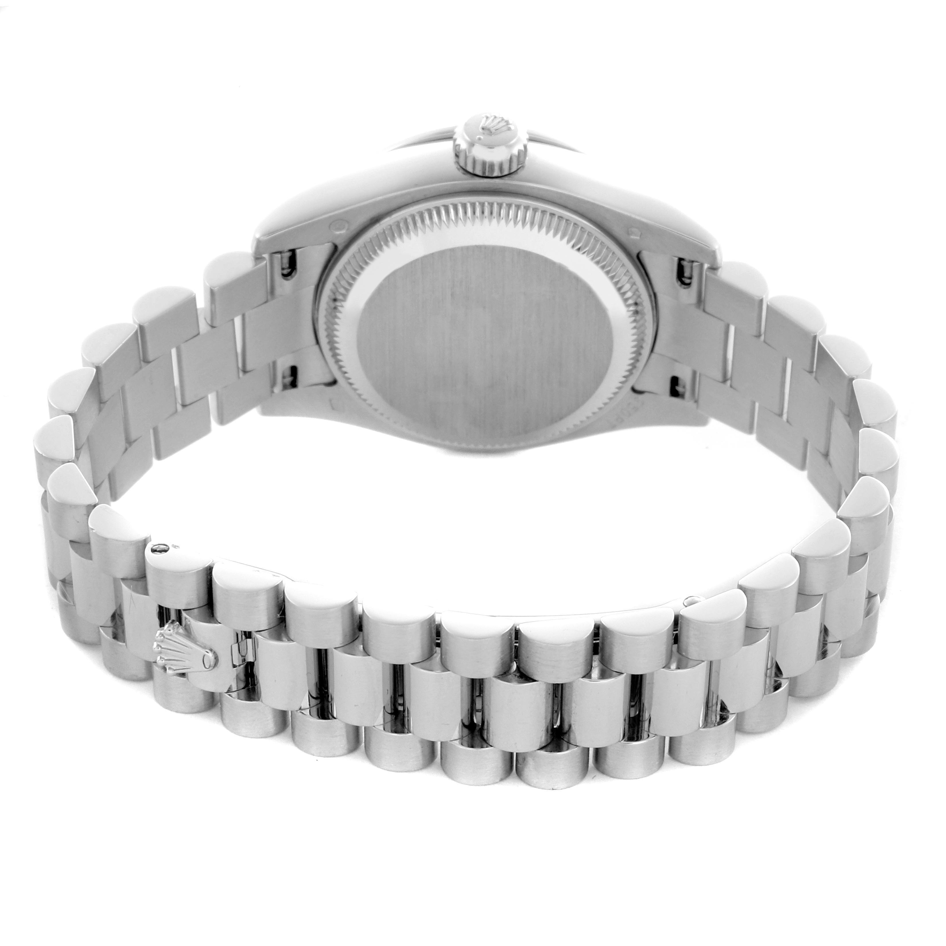 The image shows the back of the Rolex President 179136 Women's Platinum Blue Dial 179136 Women's Platinum Blue Dial model, highlighting the bracelet and clasp from an underside angle.