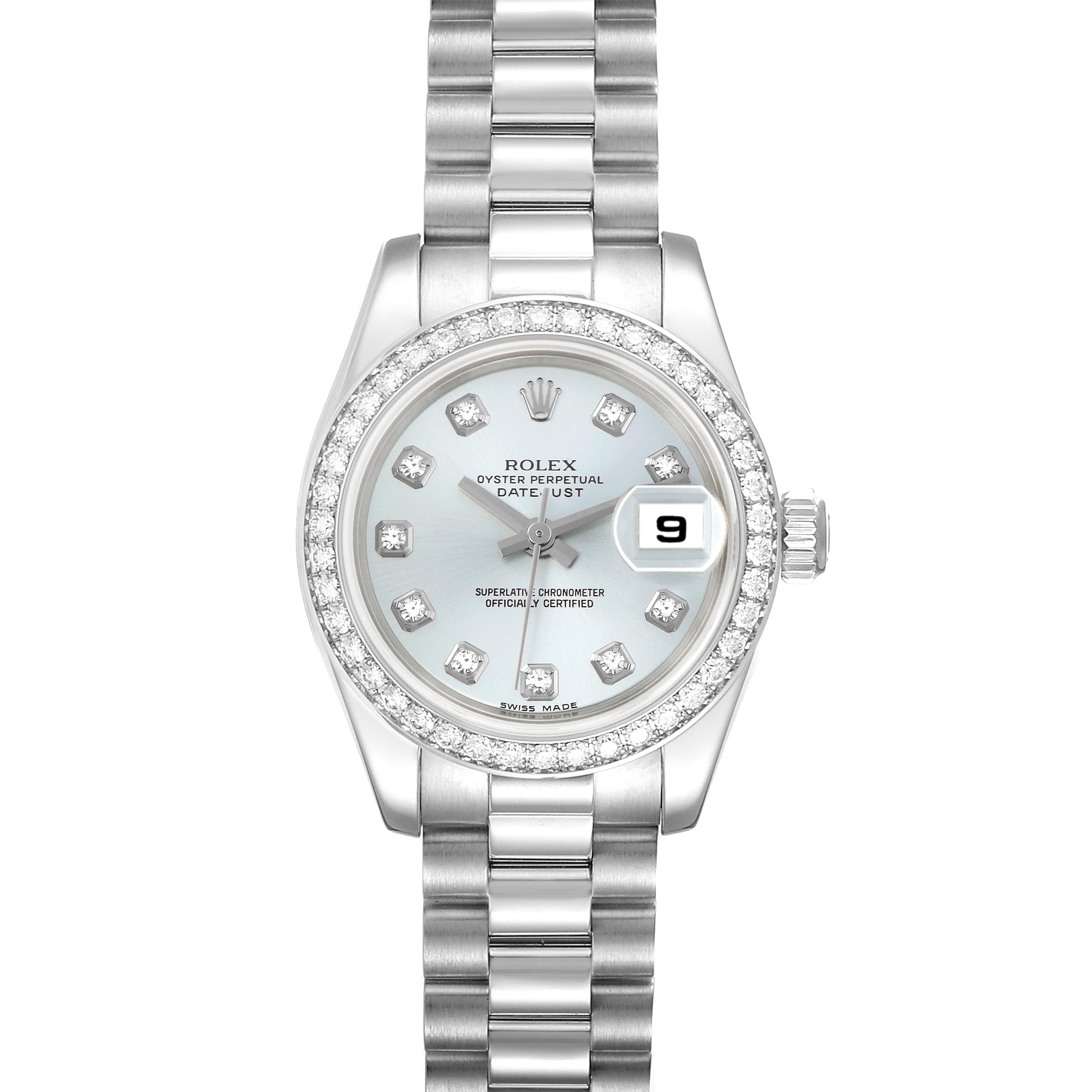 The Rolex President 179136 Women's Platinum Blue Dial 179136 Women's Platinum Blue Dial model is shown from a frontal angle, highlighting its dial, bezel, bracelet, and date feature.