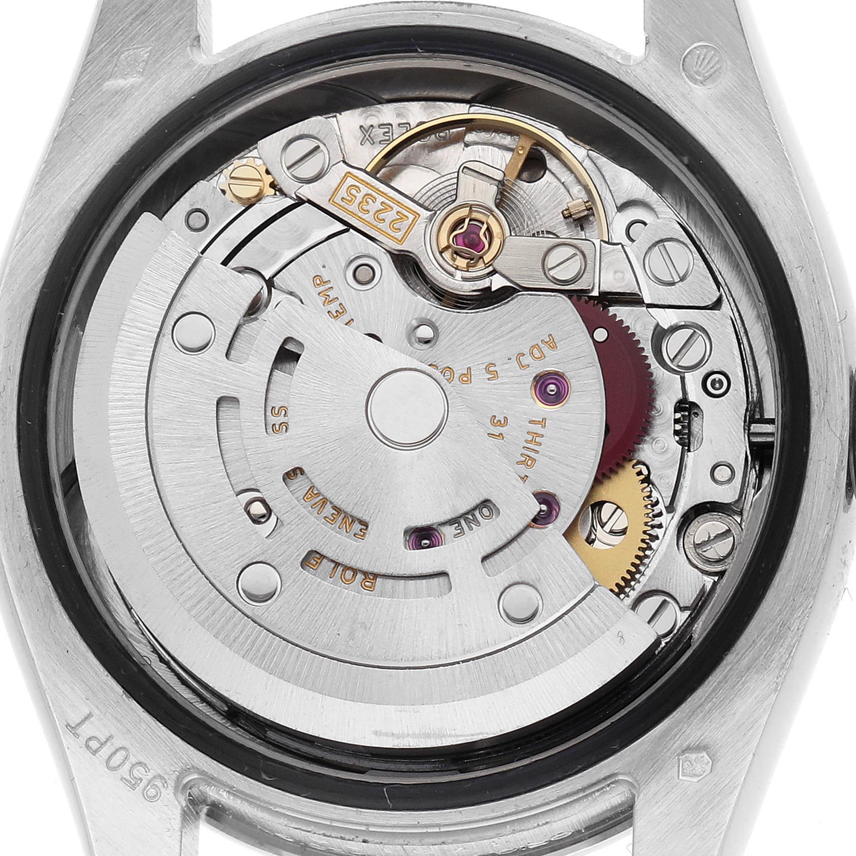 The image shows the internal mechanism of a Rolex President 179136 Women's Platinum Blue Dial 179136 Women's Platinum Blue Dial model watch from a back view angle, revealing its intricate components.