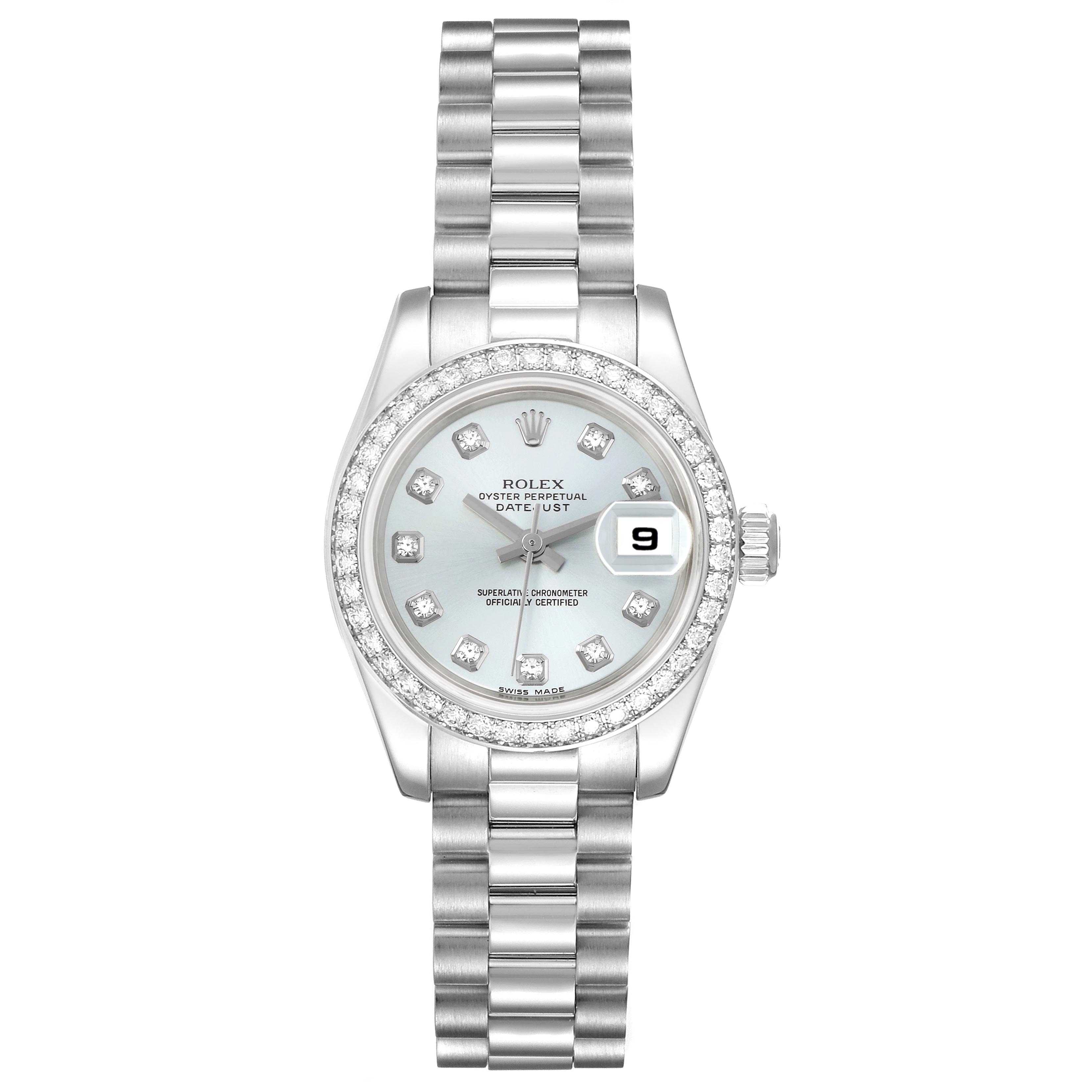 The Rolex President 179136 Women's Platinum Blue Dial 179136 Women's Platinum Blue Dial model watch is shown from the front, displaying the face, bezel, and bracelet.