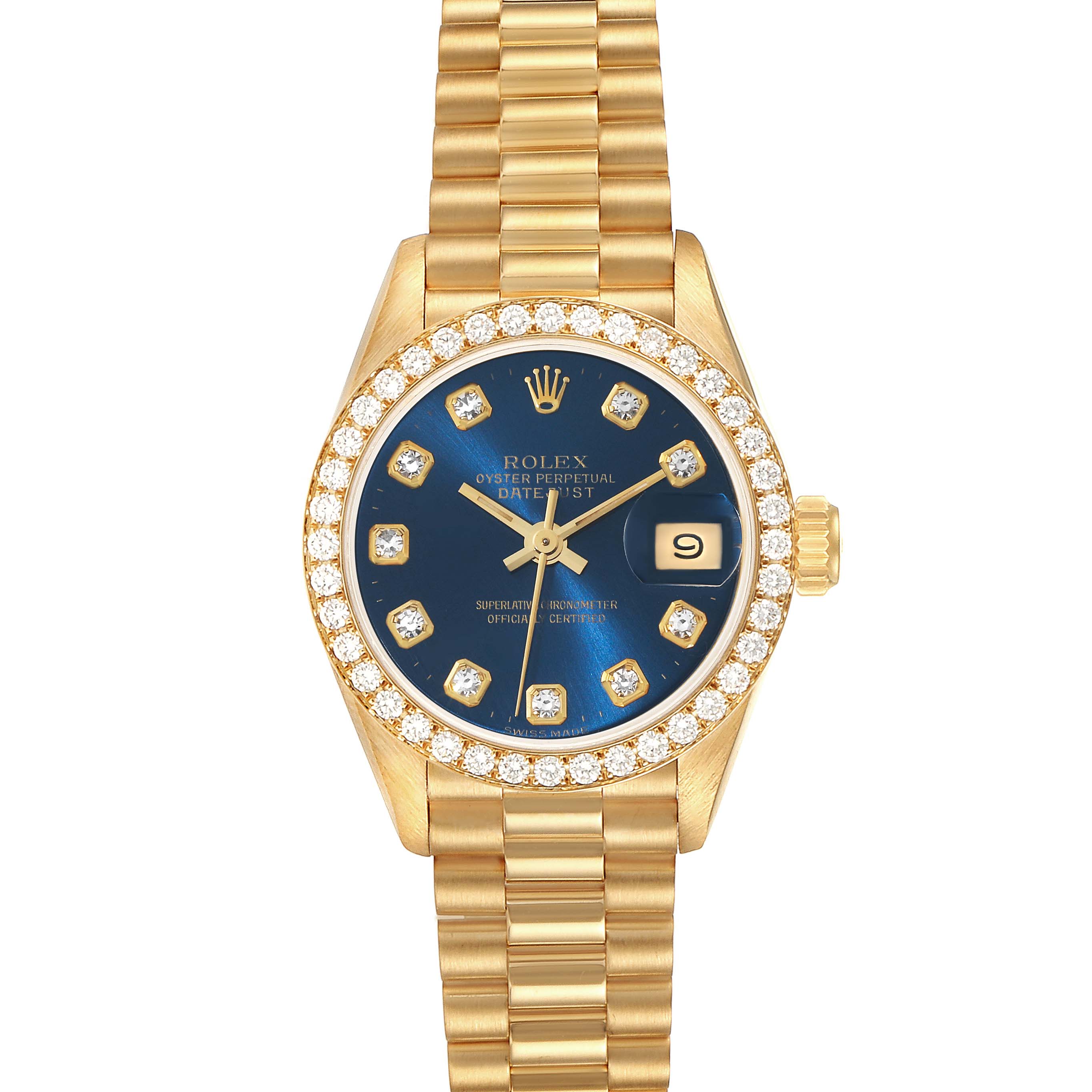 The image shows a Rolex President 69138 Women's Yellow Gold Blue Dial 69138 Women's Yellow Gold Blue Dial watch, displaying the face with a blue dial, date window, diamond markers, and gold bracelet.