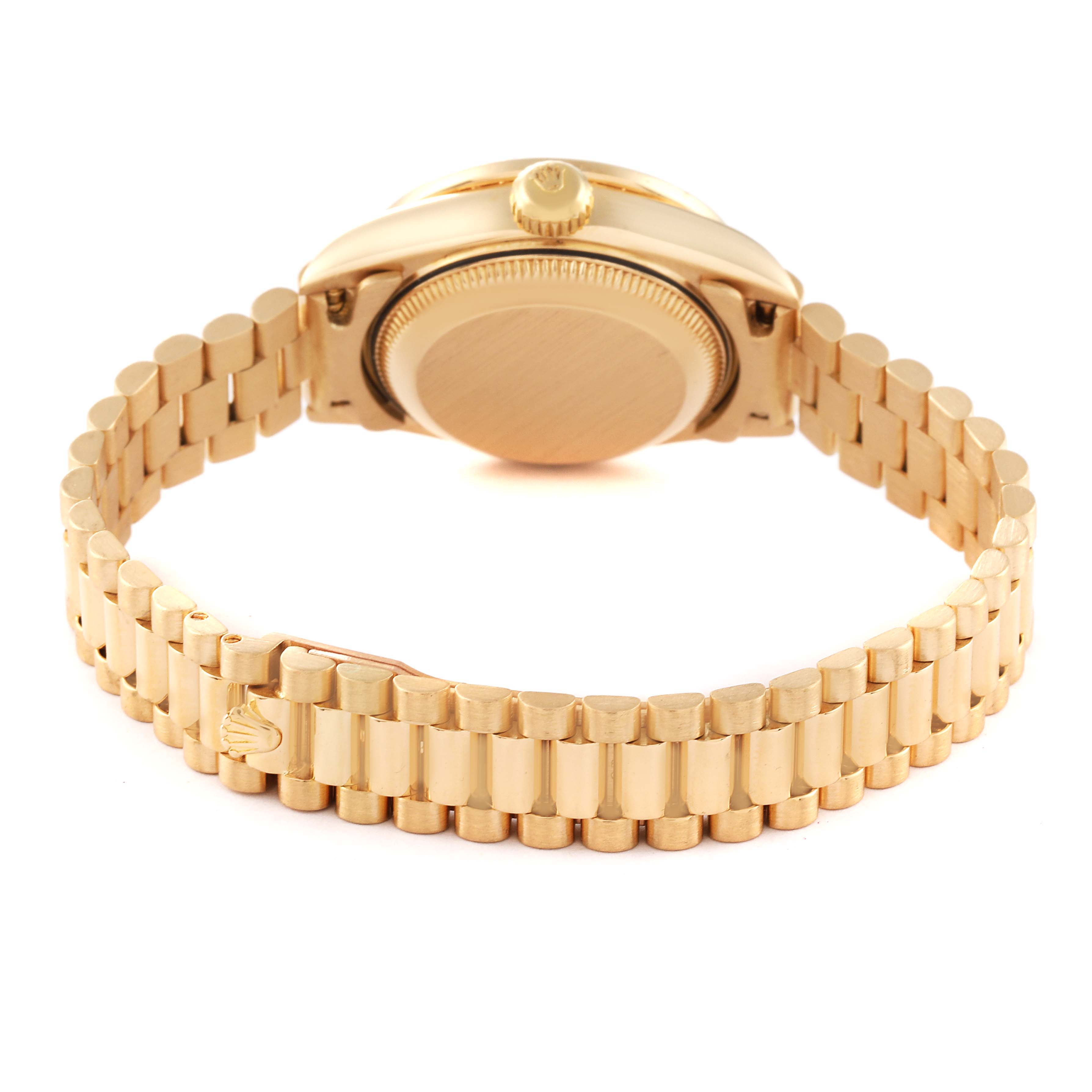 This image shows the back of a Rolex President 69138 Women's Yellow Gold Blue Dial 69138 Women's Yellow Gold Blue Dial model watch, including the bracelet and closed clasp.