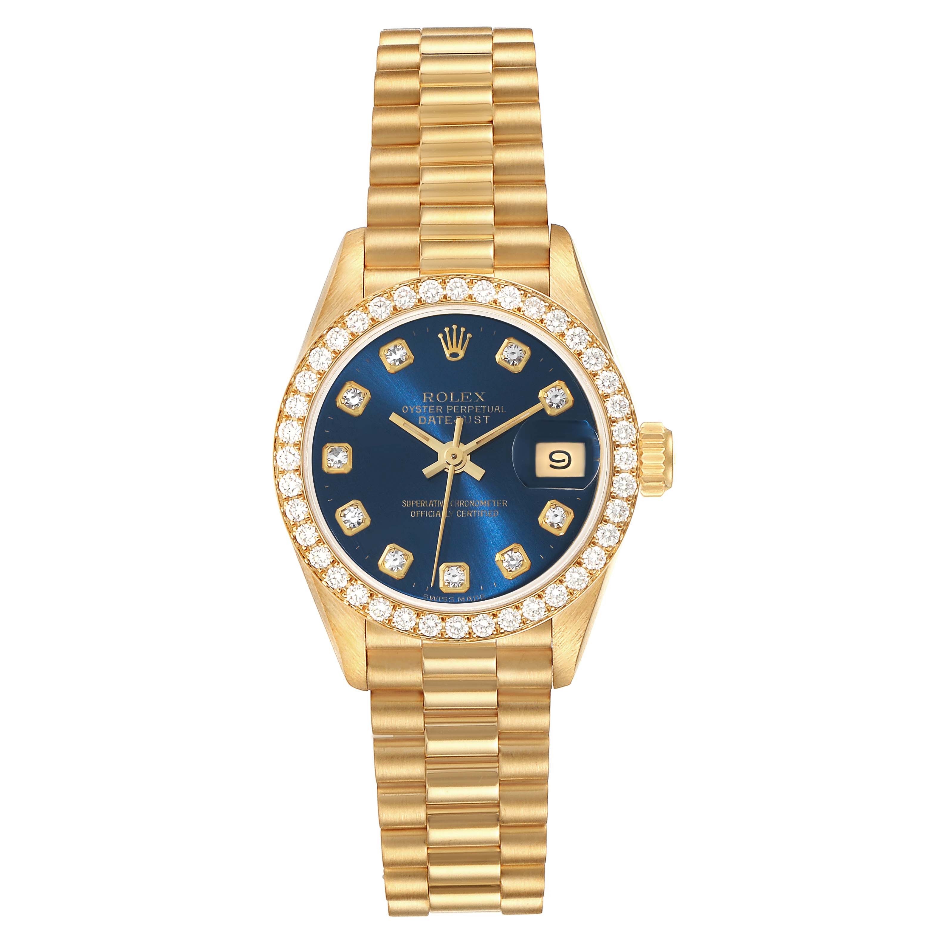 This image shows a frontal view of a Rolex President 69138 Women's Yellow Gold Blue Dial 69138 Women's Yellow Gold Blue Dial model watch, featuring a gold band, diamond-encrusted bezel, and blue dial.